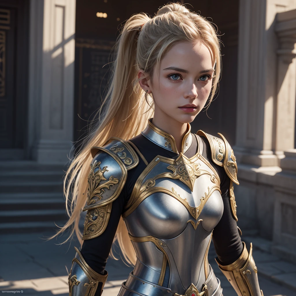 (8K, best quality:1.2), (masterpiece:1.37), (photo, photorealistic:1.37), (ultrahigh-res), half body, walking pose, shot from front, slow motion, female paladin in armour, (light silver and gold armour:1.2),(ornately decorated armor), (insanely detailed, bloom:1.5), (highest quality, concept art, 4k), (analog:1.2), (high sharpness), (detailed pupils:1.1), detailed face and eyes, Masterpiece, best quality, (highly detailed photo:1.1), (long blonde Hair, ponytail,ecstatic:1.1), (young woman:1.1), sharp, (perfect body:1.1), realistic, real shadow, 3d, (temple background:1.2), arms crossed over the chest 
photographed by Canan EOS R6, 135mm, 1/1250s, f/2.8, ISO 400
