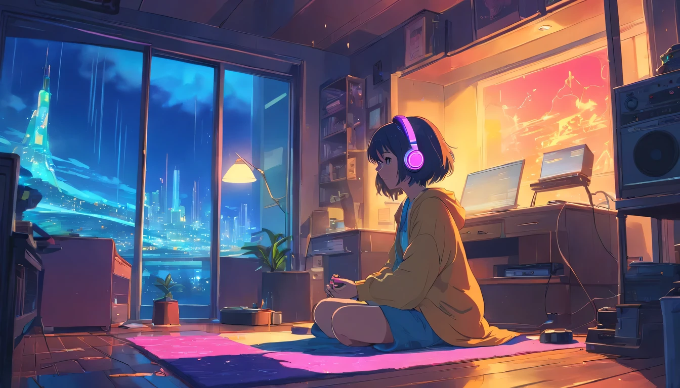 European hippie girl meditating in her room, Dreaming, Wear headphones, night lights, Neon landscape on a rainy day, Analog Color Theme, Lo-Fi Hip Hop , Retrospective, Flat, 2.5D ,Draw a line, Ink drawing, Large gradient, Watercolor painting, Goosch color, Studio Ghibli style, Awesome colorful, Outer Ton, Krautlock, lofi art, 70s style,Old textures, amplitude,Psychedelic atmosphere, masutepiece, Incredible technology,
