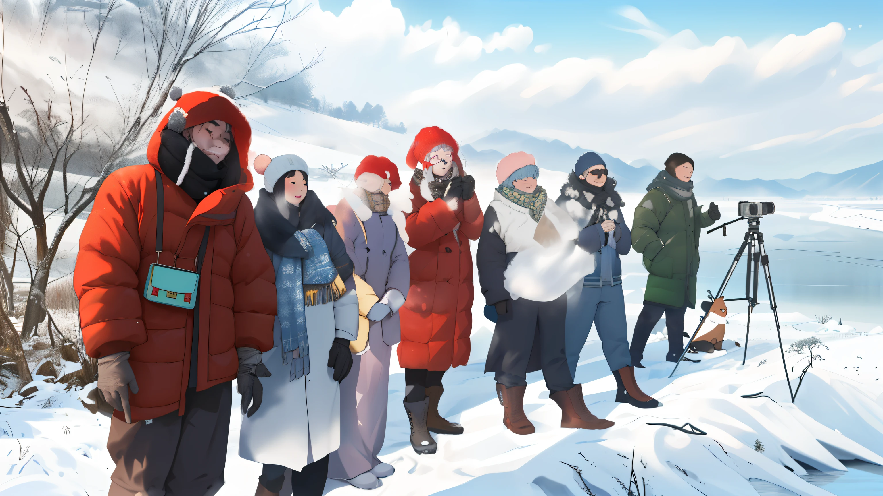 阿拉菲德a group of people拿着相机站在雪地里, On the frozen Danube, cold sunny day, shooting, in karuizawa, Slightly sunny weather, In the snowy mountains, a group of people, Photo taken on 2 0 2 0, Taken in the early 2020s, cold scene, with many travelers, group picture, sunny winter day