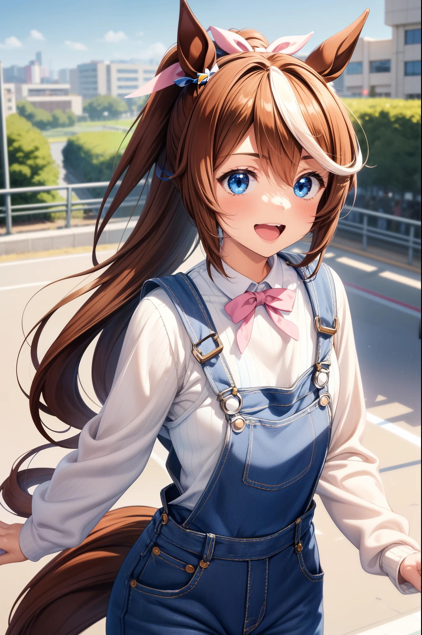 masterpiece, highest quality,
tokai teio \(umamusume\),
From above, upward, look up, smile, open your mouth, brown hair waving, ponytail, (horse ears:1.2), (A brown horse tail grows:1.), white mesh hair ribbon, blue ribbon on ear, pink ribbon, (overalls:1.3), (Blue jeans:1.2), (white sweater:1.3), shopping, Station background