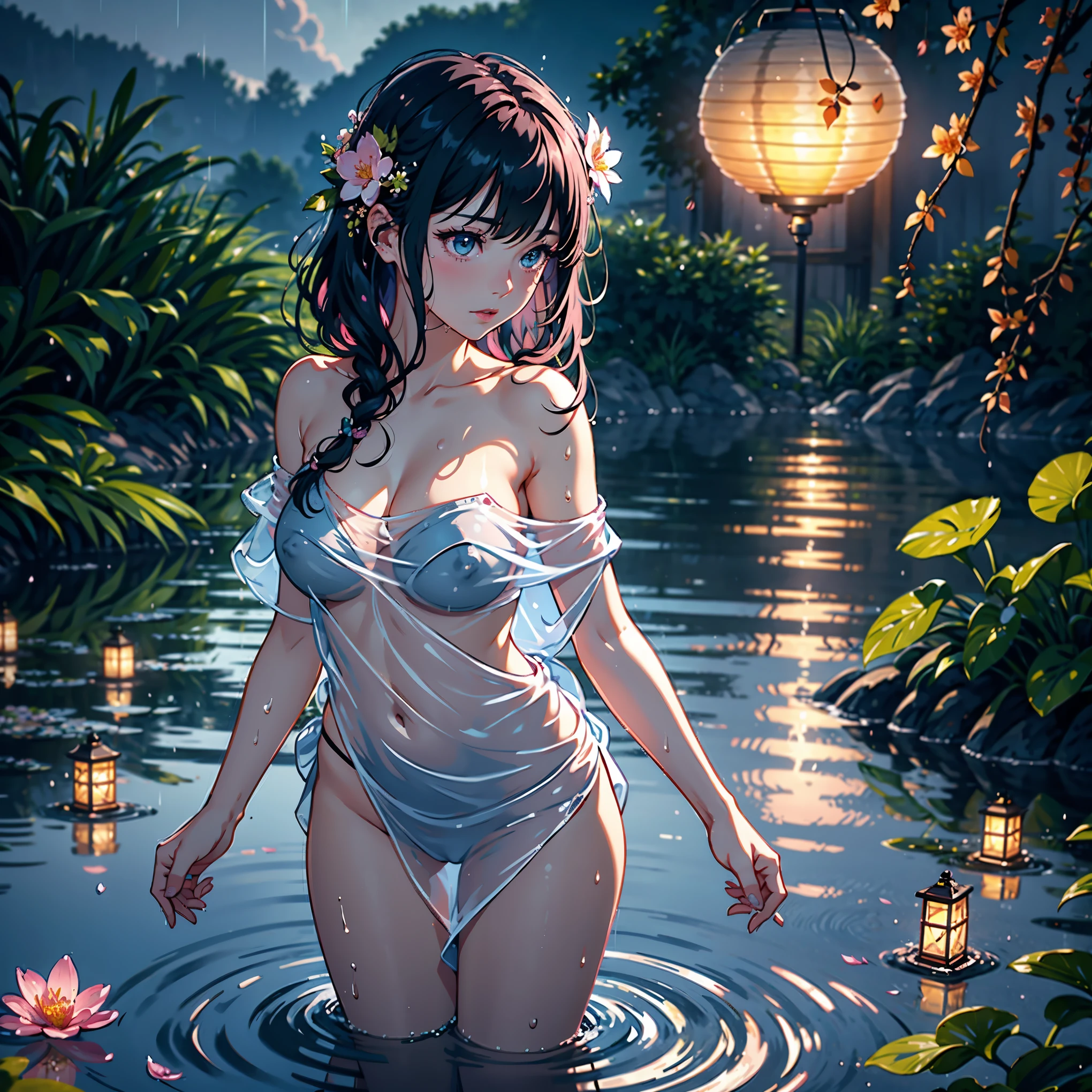 1girl, breasts, moon, lantern, night, solo, large breasts, hair ornament, wet, naked, wading, water, hair flower, flower, outdoors, sky, full moon, rain, black hair, off shoulder, mountain, cloud, holding, bare shoulders, paper lantern, standing, night sky, sideboob, obi, wet pussy, bangs, tree, from side, reflection, short hair, cloudy sky, wet hair (((masterpiece),(extremely detailed CG unity 8k wallpaper),best quality,,solo,1girl,cinematic lighting,detailed background,beautiful detailed eyes,bright pupils, (an extremely delicate and beautiful),(Beautiful and detailed eye description)， ultra-detailed,masterpiece,)),1girl, elf, breasts, moon, lantern, night, solo, very small breasts, hair ornament, wet, naked, wading, water, hair flower, flower, pink flower petals floating on water, outdoors, sky, full moon, rain, pink hair, mountain, cloud, holding, side boob, bare shoulders, paper lantern, standing, night sky, wet pussy, visible nipples, no clothes, bangs, tree, from side, reflection, long hair, cloudy sky, wet hair (((masterpiece),(extremely detailed CG unity 8k wallpaper),best quality,solo,1girl,cinematic lighting,detailed background,beautiful detailed eyes,bright pupils, (an extremely delicate and beautiful),(Beautiful and detailed eye description)， ultra-detailed,masterpiece,)),