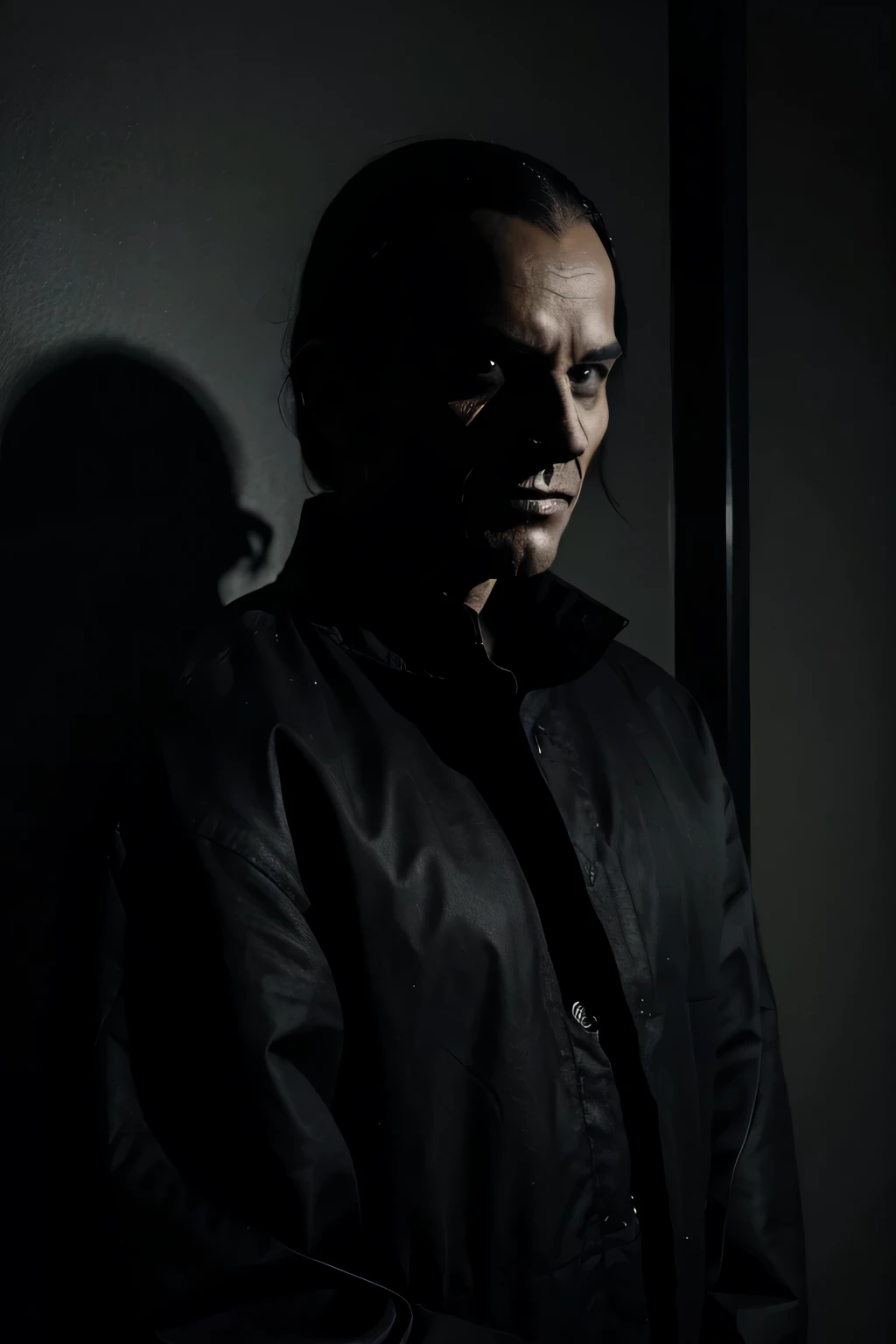 an entity dressed in black, almost a shadow, diabolical, evil, scary