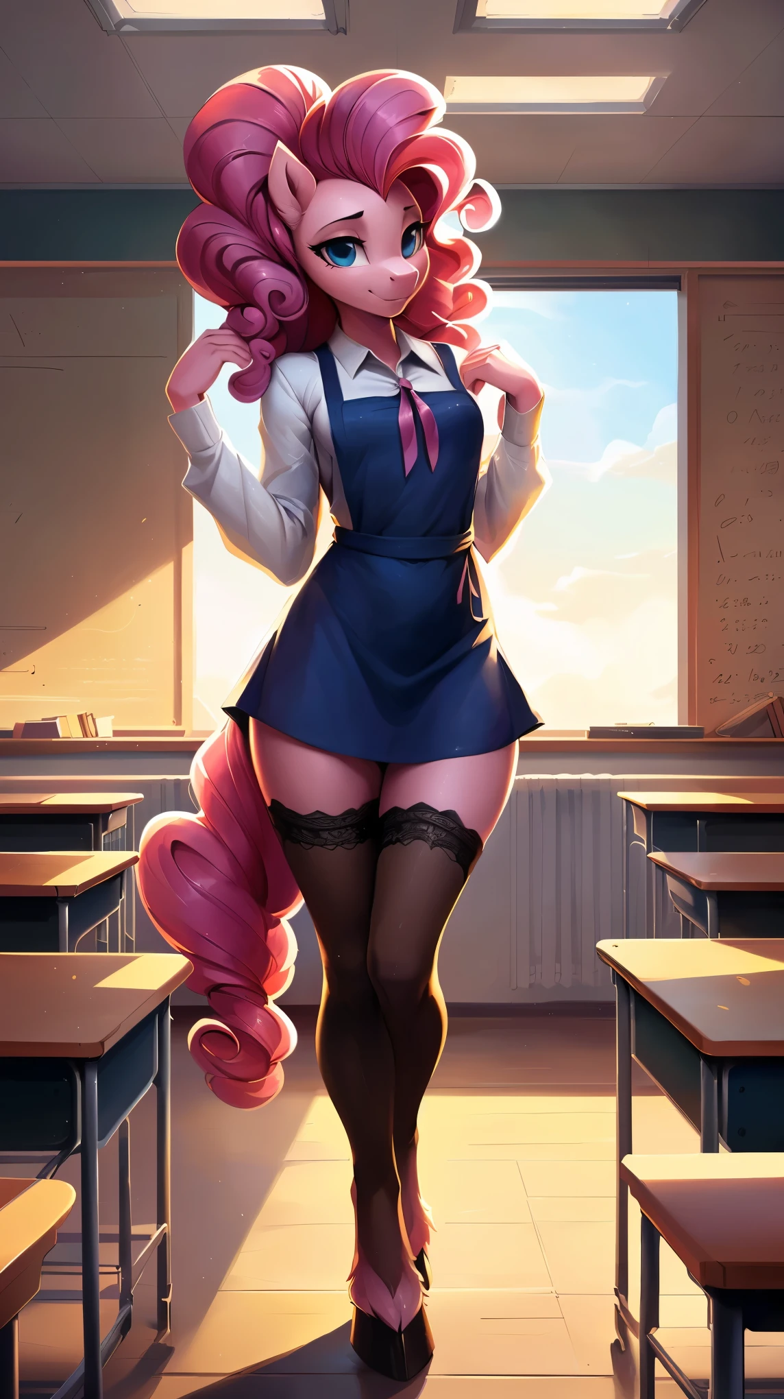 uploaded on e621, by Bayard Wu, by Thomas Benjamin Kennington, by Einshelm, solo little anthro, ((Portrait)), {(Wear a USSR school uniform)}, ((brown short dress with long sleeves)), ((white lace apron on top)), (pantyhose), (detailed Bonifasko lighting), (Detailed fur), (detailed skin), (Cinematic lighting), ((Detailed background, classroom)), (half body shadow), [ambient light on the belly], [explict content], [sharp-focus], (shaded), ((Masterpiece), (long hair), Small Breasts, Fluffy pony, MLP, My Little Pony, ((Pinkie Pie)), (light-pink skin), elite pony, (fluffy fur:1.4), fluffy tights, furry fantasy art, anthro art, commission for high res, Furry art, pov furry art, Sakimichan is beautiful, Masterpiece, Best Quality, Detailed image, Bright colors, Detailed Face, perfect lighting, Perfect shadows, Perfect eyes, focus on girl, flawless face, gorgeous body, feet focus (hooves in nylons), Fluffy, fluffy girl, Body fur, Animal nose, muzzle, 1girl, full body, Detailed fur, Balanced coloring, ((Long mane, pony tail)), Furry, anthro, (attractive body:1.5), perfect legs, {(hallf-closed eyes), ((thin body))