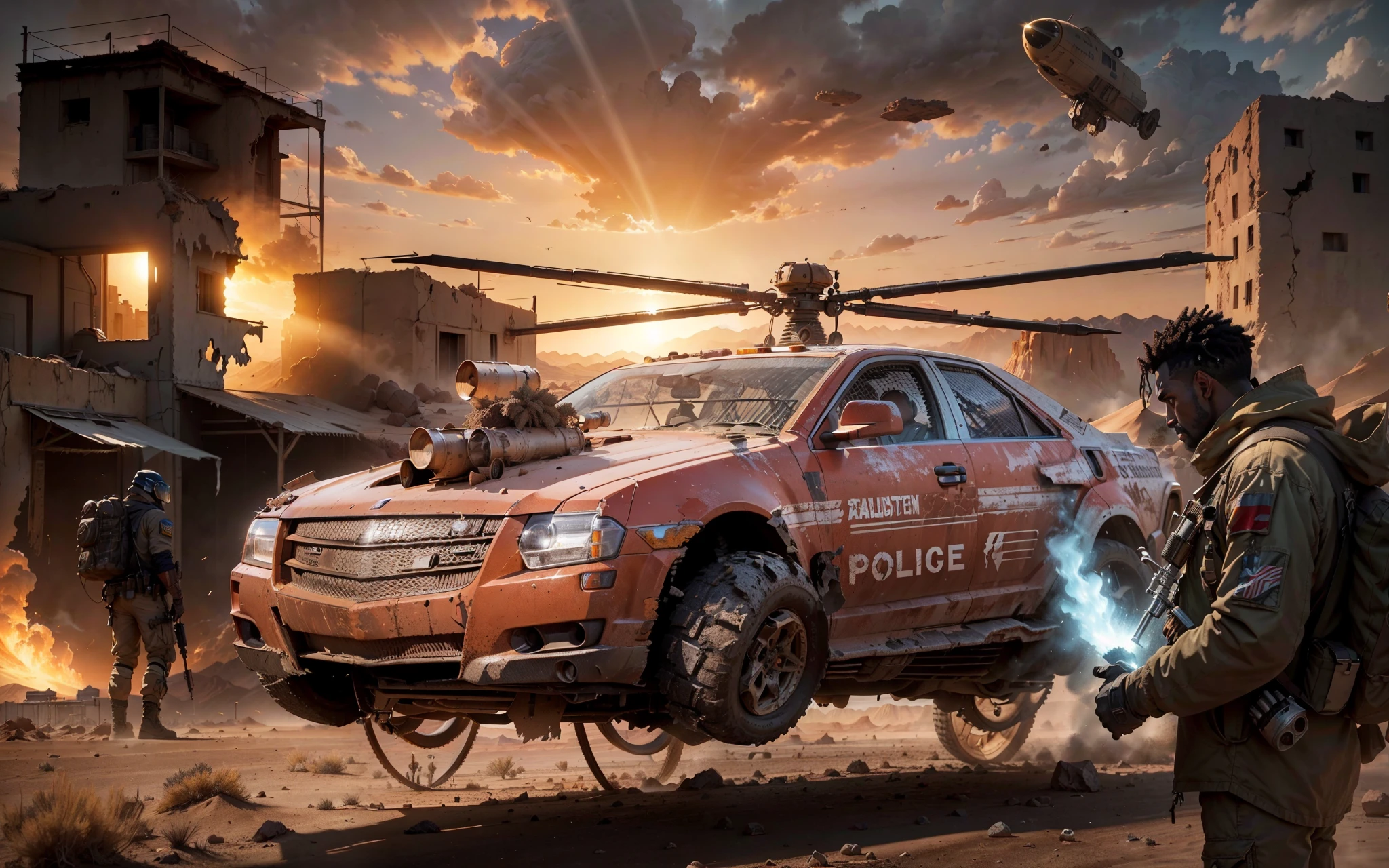 A barren desert with sand dunes and scattered debris, evoking a post-apocalyptic setting reminiscent of Mad Max Hyper-realistic 3D rendering with high-quality details, giving the image a cinematic and immersive look a flying rotary Red Cadillac police car and ruins of buildings, indicating the remains of a once-thriving civilization. Sandstorms in the distance, creating a feeling of desolation and isolation. Dry, cracked ground with sparse vegetation, emphasizing the harsh and unforgiving nature of the environment. Tattered flags or banners fluttering in the wind, symbolizing a sense of chaos and the struggle for survival Image quality: (best quality, 4k, 8k, highres, masterpiece:1.2), ultra-detailed, (realistic, photorealistic, photo-realistic:1.37) rendering to capture every fine detail and texture, enhancing the overall visual impact Cinematic concept art, with a gritty and desaturated color palette, highlighting the harshness and despair of the setting A combination of warm earthy tones and cool blues, creating a contrast between the scorching desert and the distant mountains Dramatic backlighting, casting long shadows across the desert landscape, with the intense glow of the sun setting behind the mountains, emphasizing the vastness and awe-inspiring nature of the scene