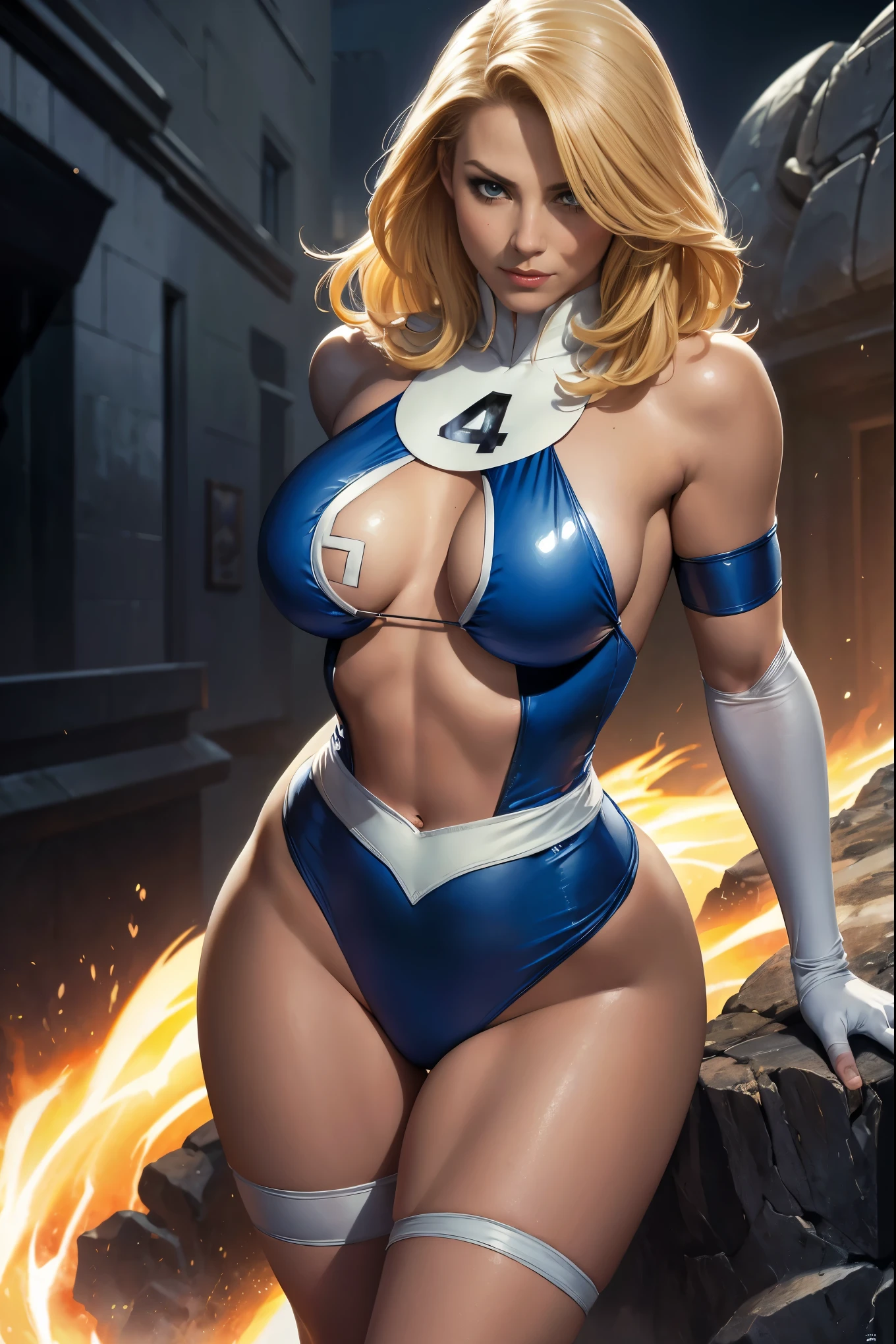 Art image of a Susan Storm from the Fantastic Four, blond hair, sexy, large breasts, by Louis Royo, Boris Vallejo, Frank Frazetta, extreme focus, sharp details, oily skin, sexy, dynamic pose, fantastic four uniform