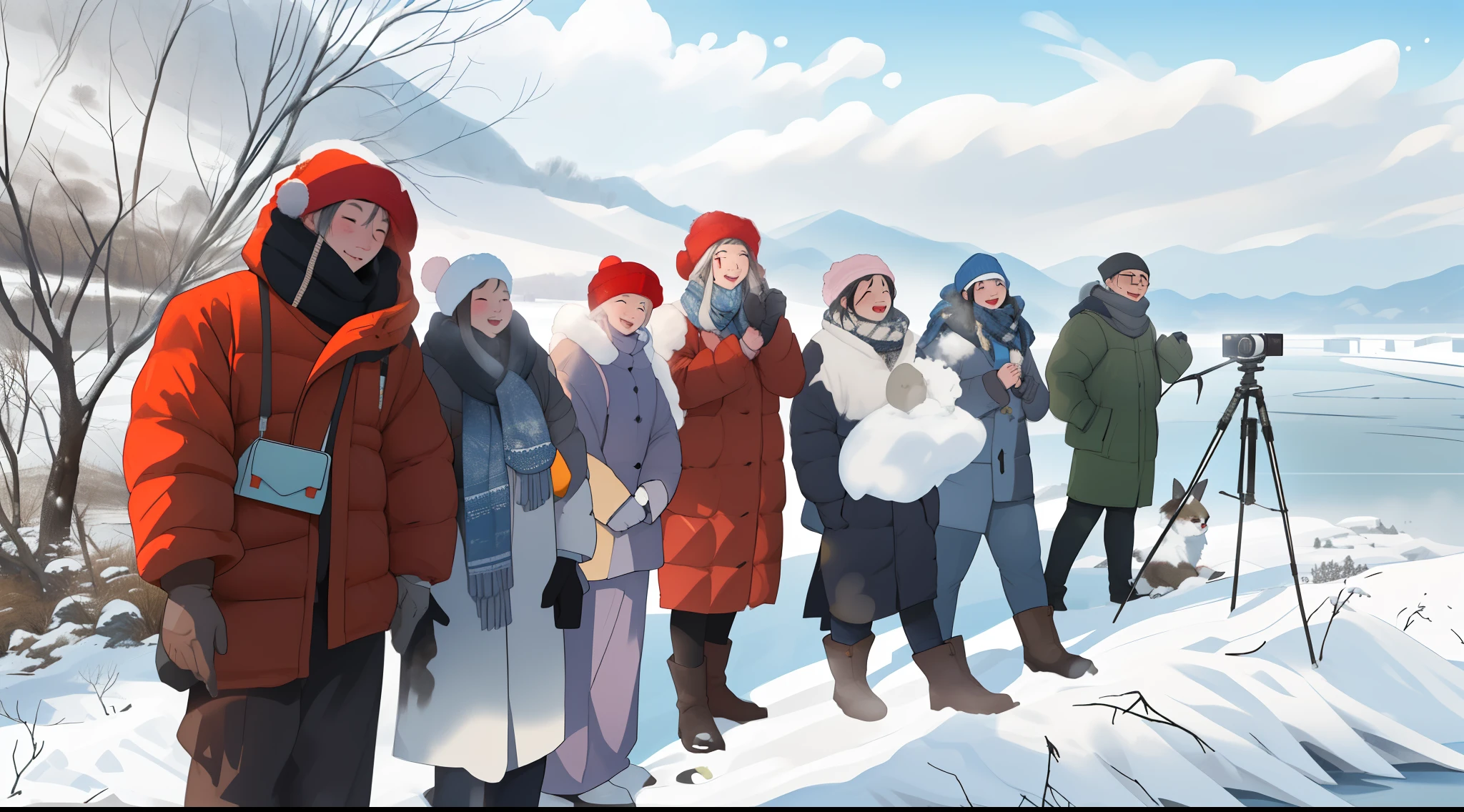 阿拉菲德a group of people拿着相机站在雪地里, On the frozen Danube, cold sunny day, shooting, in karuizawa, Slightly sunny weather, In the snowy mountains, a group of people, Photo taken on 2 0 2 0, Taken in the early 2020s, cold scene, with many travelers, group picture, sunny winter day,Facial contours are clearer