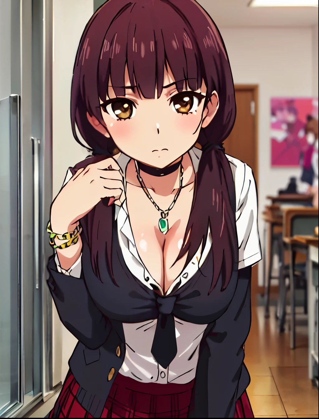 Huge cleavage, (masterpiece, top quality, best quality:1.2) cleavage, (cleavage), 1girl, solo, long hair, looking at viewer, bangs, brown hair, brown eyes, school uniform, upper body, necktie, vest, (low twintails, hair over shoulder,) black necktie, breasts, blush, skirt, large breasts, shirt, thighhighs, cleavage, school uniform, pleated skirt, choker, black thighhighs, necklace, bracelet, plaid, red skirt, garter straps, plaid skirt, thigh, partially unbuttoned, gyaru, kogal, shy look,  huge tits