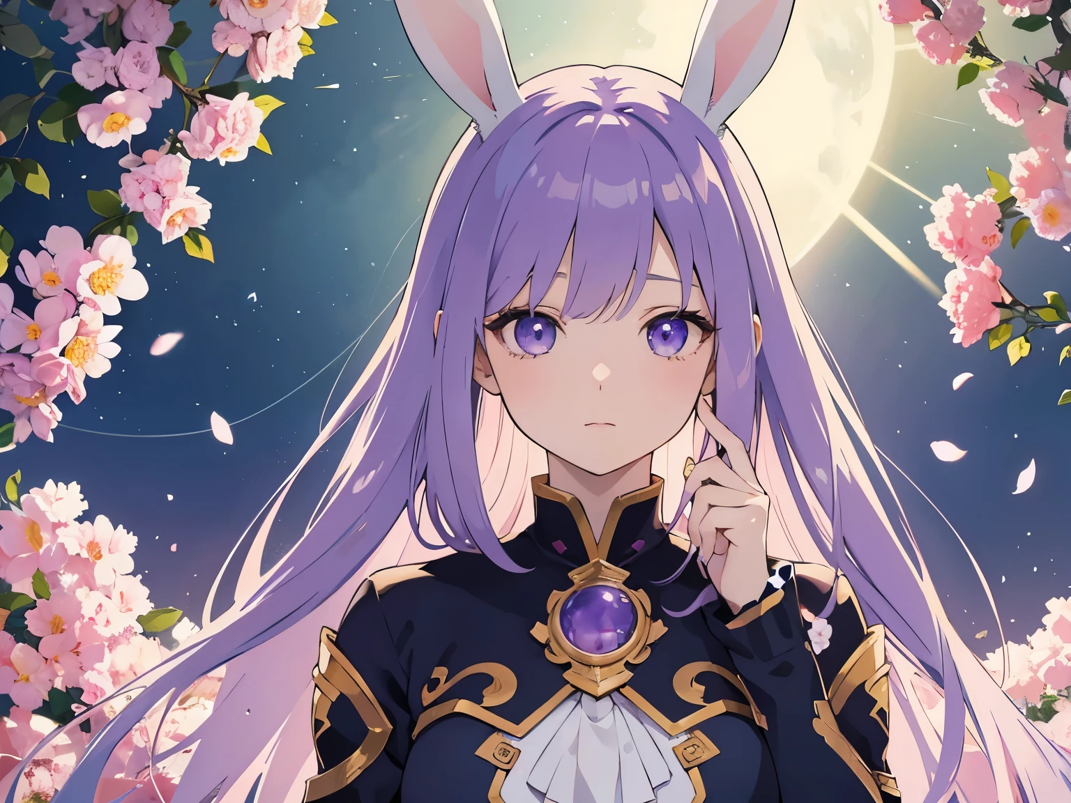 Official Art, Masterpiece European female, purple hair , purple eyes, (​masterpiece、top-quality、hight resolution: 1.4),in 8K, Anime Art Nouveau, highly detailed exquisite fanart, anime fantasy illustration, clean detailed anime art, detailed anime art, Sharp Focus, Delicate Beautiful Hair and Eyes and Face, realisitic, ultra-detailliert, flower garden, sunlight, bunny ears, 