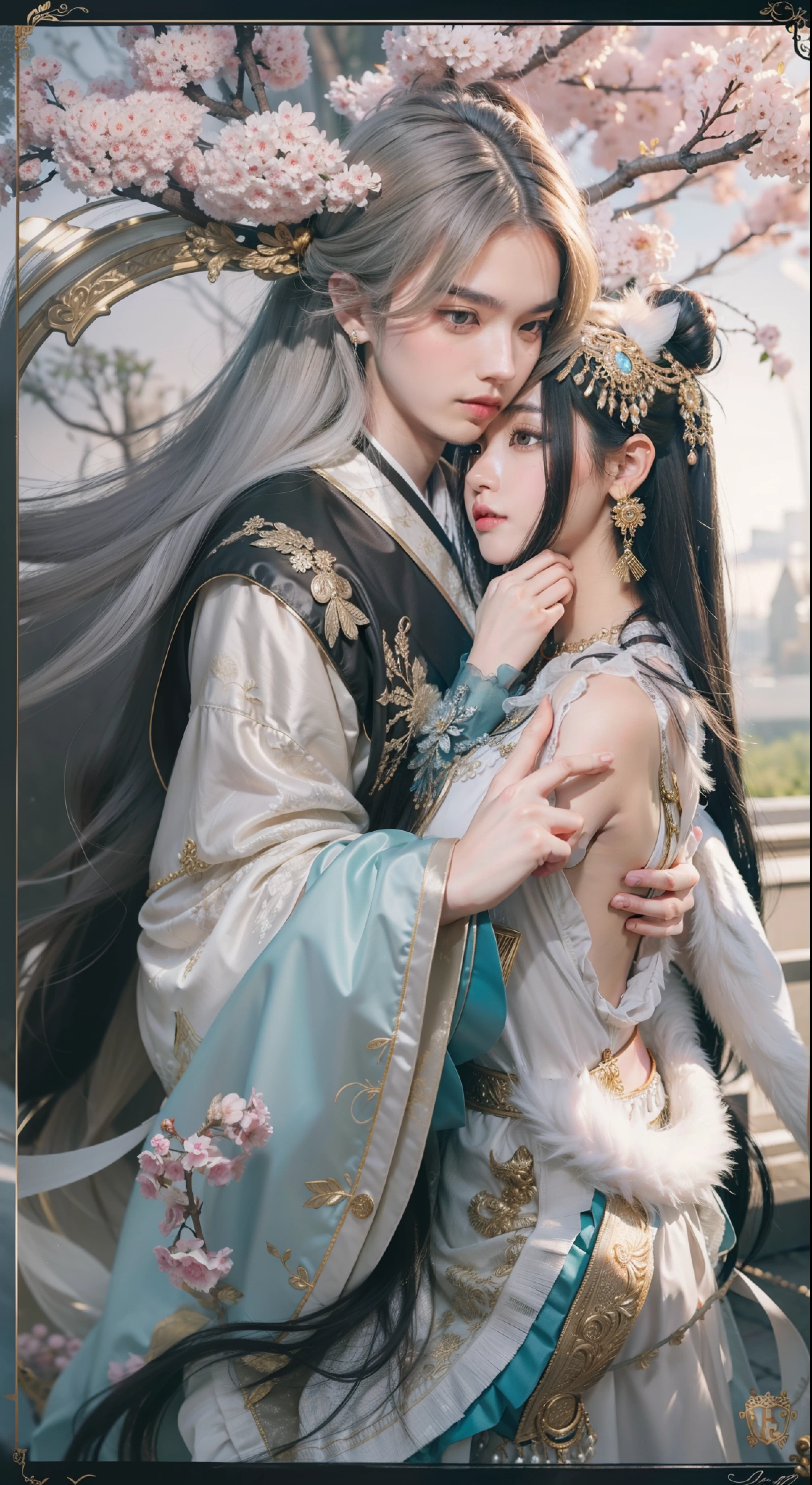 long black hair，feathered headdress，long flowing hair，Osmanthus hairpin，Antique buns，Girly hairstyle