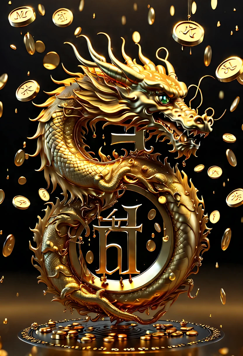 (best quality,4K,8k,high resolution,masterpiece:1.2),Super detailed,(actual,photoactual,photo-actual:1.37),[human development report],[ultra high definition],[studio lighting],Crazy rain in the sky,Golden words fall like rain,A lot of gold coins poured down,golden transparent letters "AI" vertical hanging,transparent letters "AI" gold,vertical arrangement of transparent letters "AI",Golden Chinese dragon coiled in a small circle,Dynamic and animation styles,orange background