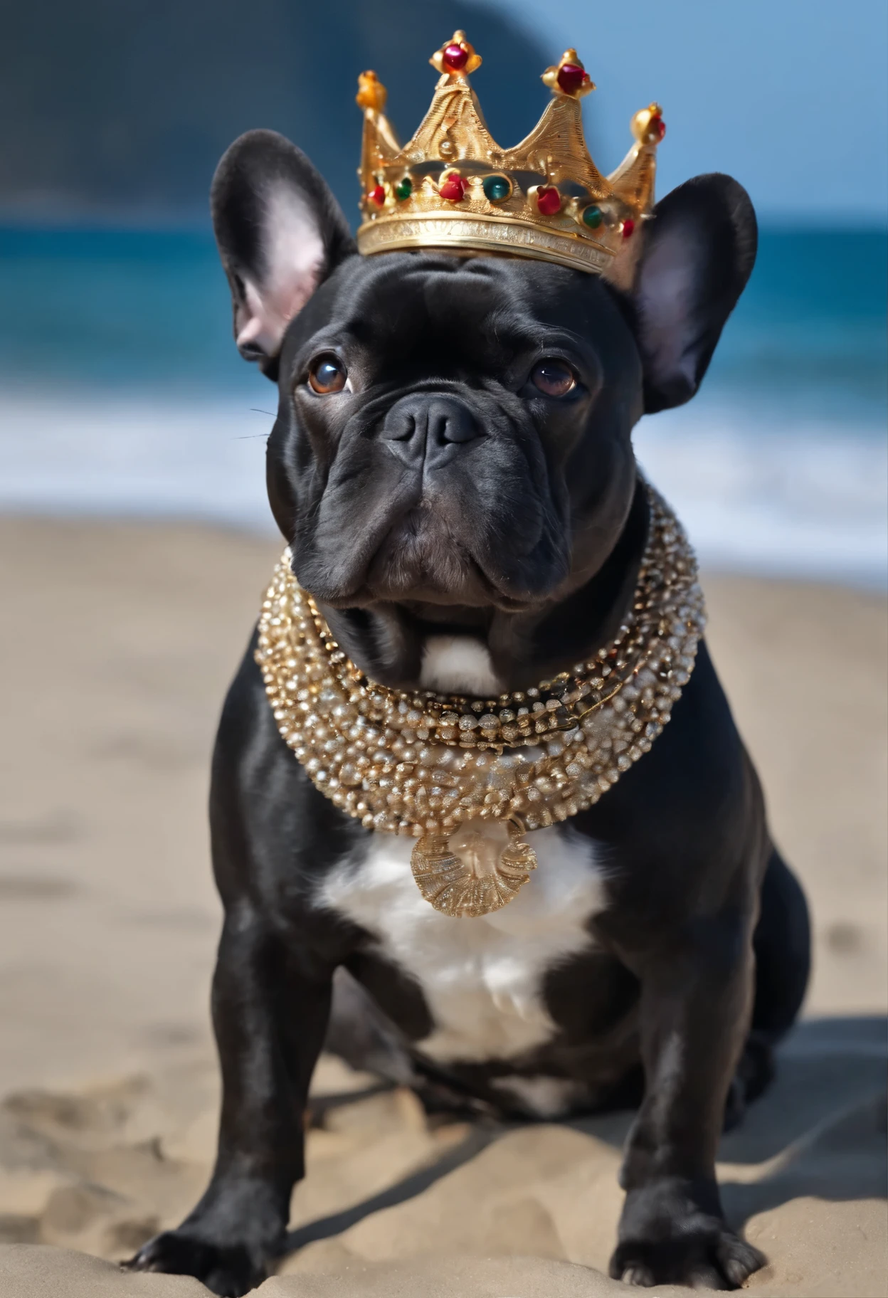 French bulldog with gray face, wears a crown, sitzt am Strand, Wellen brechen, Wind pfeift, Krabbe sitzt links daneben