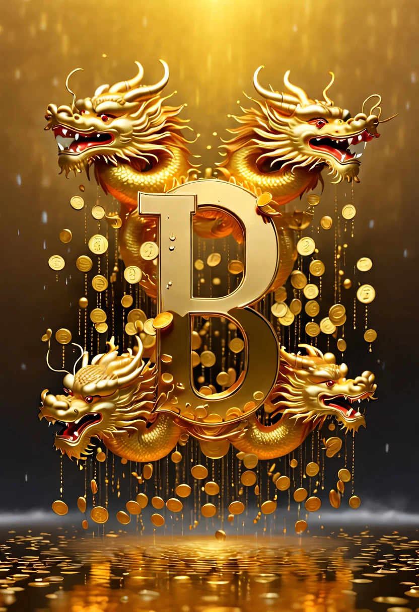 (It's raining like crazy,There are lots and lots of golden letters:1.37),Threaded gold coins pour down like heavy rain,(Many vertical transparent English letters"AI"width),Golden transparent English letters "AI" ,Display English letters vertically"AI" ,There is a golden Chinese dragon curled up in a small circle in the center,Dynamic action style,orange background