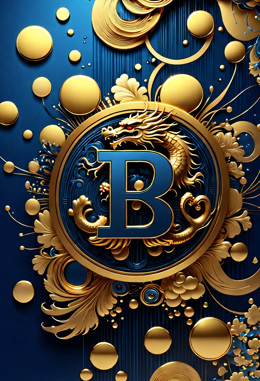 Gorgeous wallpaper design,(crazy "AI" There are many golden letters in the sky:1.37),Threaded gold coins pour down like heavy rain,(Many vertical transparent English letters"AI"width),Golden transparent English letters "AI" ,Display English letters vertically"AI" ,There is a golden Chinese dragon curled up in a small circle in the center,Dynamic action style,Background blue technology laser,