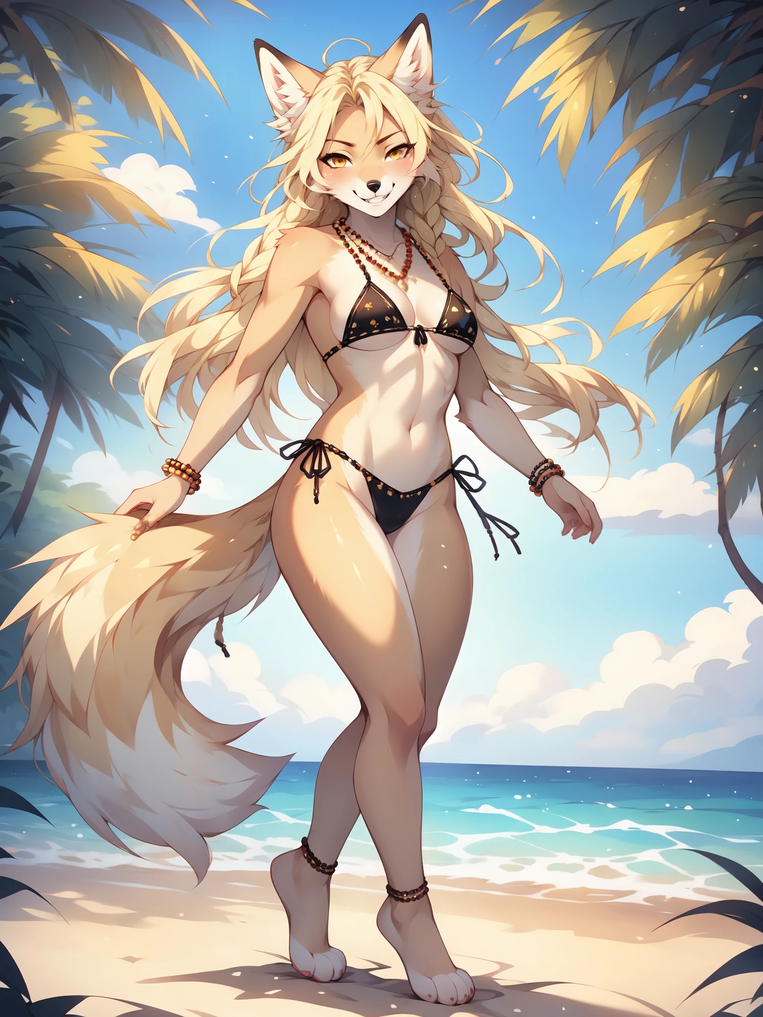 Solo, By fumiko, by hyattlen, by hioshiru, Kimiko, tan fox girl, fox ears, blonde tail, yellow eyes, long blonde flowing hair, feet paws, 4 toes, wearing tribal bikini, furrowed eyebrows, grinning, wearing very elegant and unique tribal bikini,beaded necklace and ankle bracelets, posing playfully, at a tropical beach