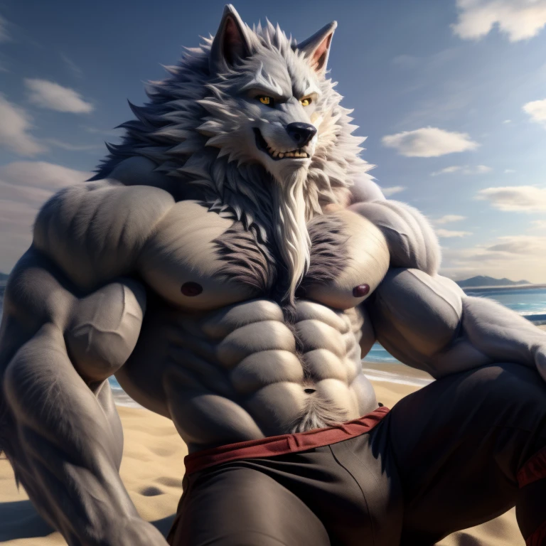 Sdorica,Lwa,Vientiane Story,Lowe,,werewolf,male,aldult,alone,4K,best quality,Best quality, lying down,whole body,looking at the audience,Show muscles,hairy body,Topless,No clothes on,bared  chest, Hairy chest,furry tail (muscular, Athletic body:1.0), Pink nipples, Six-pack abs, biceps, 弯曲biceps, anatomically correct,Delicate fur,pride,soft shadow,majestic (Detailed face, High quality eyes:1.1),golden eyes,Sharp eyes,Grandiose,Valiantary,,White tong,Smile confidently,Strong,mature,Beach background,Blue sky and white clouds,