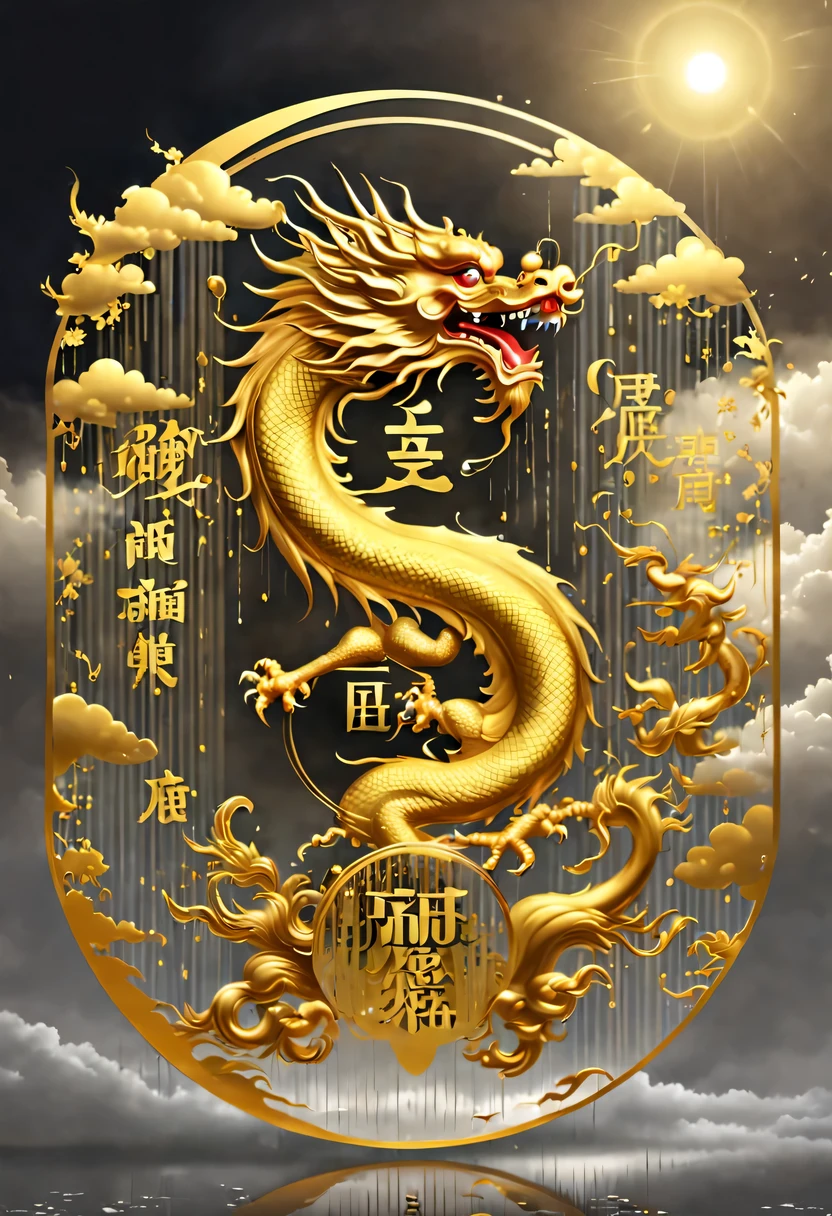 (Crazy rAIn in the sky with lots and lots of golden letters:1.37),Many vertical transparent banners with English letters &Quote;AI&Quote;),Golden transparent English letters &Quote;AI&Quote; ,Display English letters vertically &Quote;AI&Quote; ,There is a golden Chinese dragon inside a small circle in the center,Dynamic action style,Burgundian background