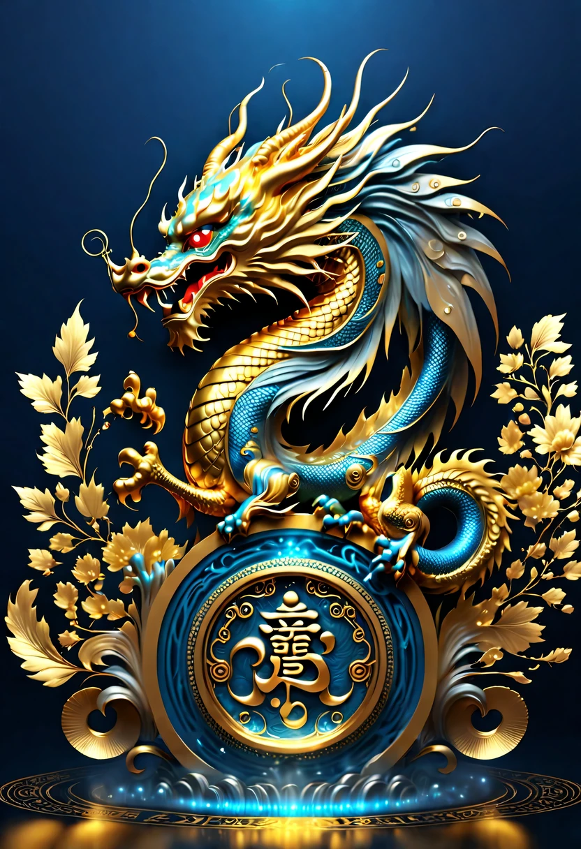 Gorgeous wallpaper design,(it'It's raining like crazy,There are lots and lots of golden letters:1.37),Threaded gold coins pour down like heavy rain,(Many vertical transparent English letters &Quote;AI&Quote; width),Golden transparent English letters &Quote;AI&Quote; ,Display English letters vertically &Quote;AI&Quote; ,There is a golden Chinese dragon curled up in a small circle in the center,Dynamic action style,Background blue technology laser,