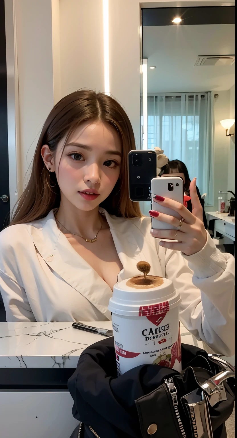 a woman taking a selfie in a bathroom with a cup of coffee, 8k selfie photography, maquillaje popular de corea del sur, maquillaje coreano popular, Retrato de Sophie Mudd, modelo de instagram, jossi de blackpink, portrait of jossi de blackpink, selfie de una mujer joven, elfo eva, con maquillaje profesional, parque roseanne de blackpink, pale milky white porcelain skin, lulú chen