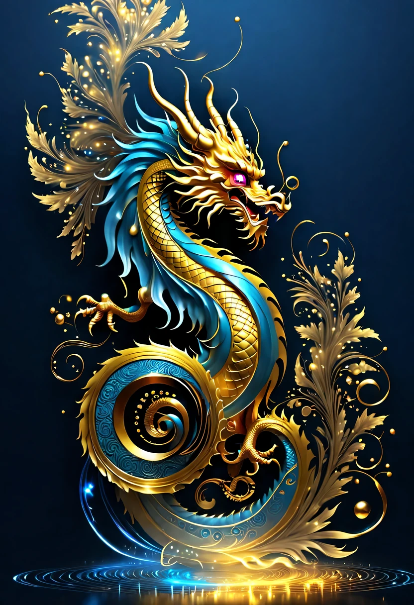 Gorgeous wallpaper design,(it'It's raining like crazy,There are lots and lots of golden letters:1.37),Threaded gold coins pour down like heavy rain,(Many vertical transparent English letters &Quote;AI&Quote; width),Golden transparent English letters &Quote;AI&Quote; ,Display English letters vertically &Quote;AI&Quote; ,There is a golden Chinese dragon curled up in a small circle in the center,Dynamic action style,Background blue technology laser,