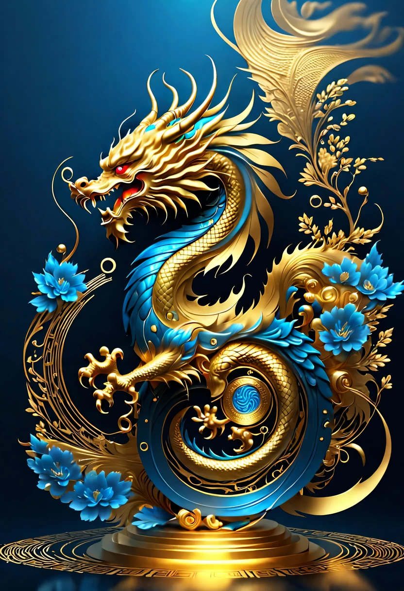 Gorgeous wallpaper design,(it'It's raining like crazy,There are lots and lots of golden letters:1.37),Threaded gold coins pour down like heavy rain,(Many vertical transparent English letters &Quote;AI&Quote; width),Golden transparent English letters &Quote;AI&Quote; ,Display English letters vertically &Quote;AI&Quote; ,There is a golden Chinese dragon curled up in a small circle in the center,Dynamic action style,Background blue technology laser,