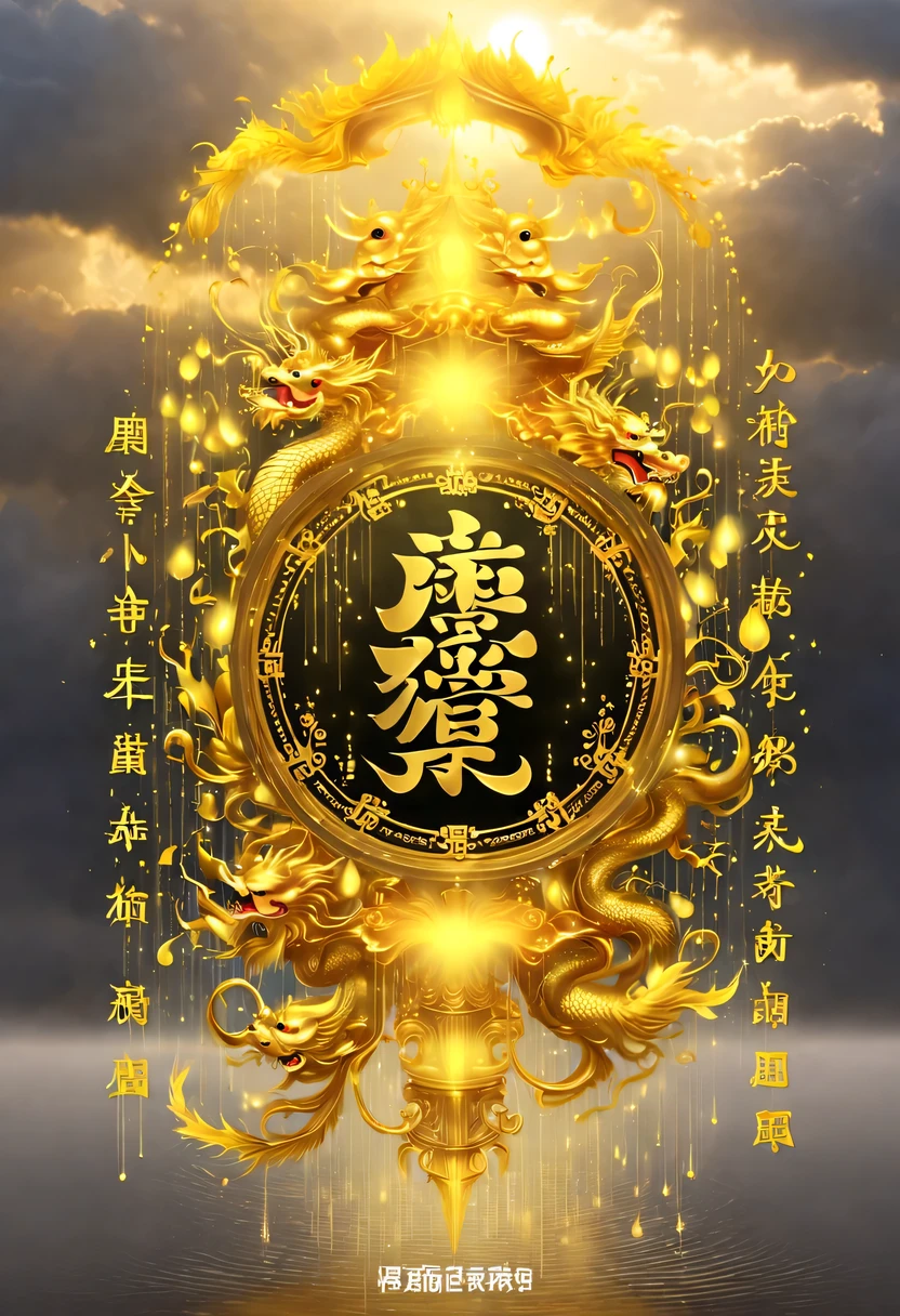 (Crazy rAIn in the sky with lots and lots of golden letters:1.37),Many vertical transparent banners with English letters &Quote;AI&Quote;),Golden transparent English letters &Quote;AI&Quote; ,Display English letters vertically &Quote;AI&Quote; ,There is a golden Chinese dragon inside a small circle in the center,Dynamic action style,Burgundian background