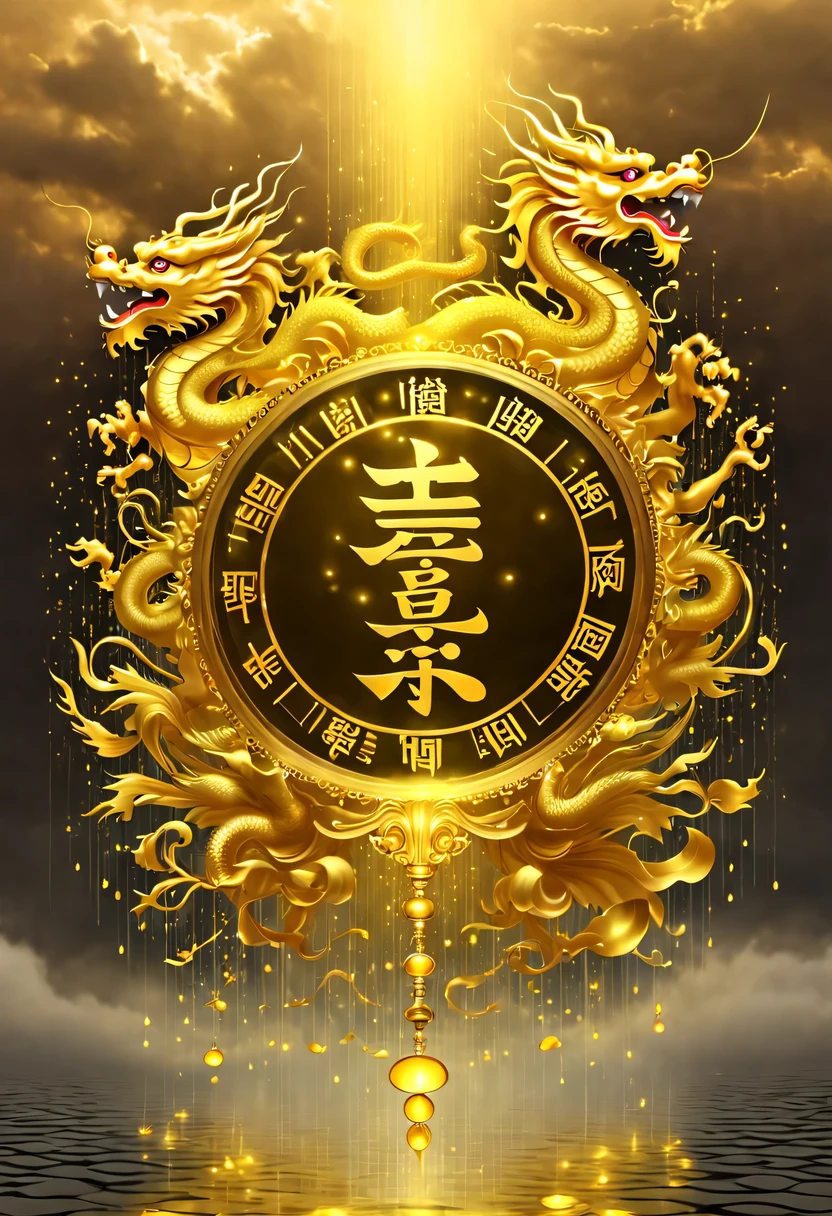 （Crazy rAIn in the sky with lots and lots of golden letters：1.37），Many vertical transparent banners with English letters &Quote;AI&Quote;），Golden transparent English letters &Quote;AI&Quote; ，Display English letters vertically &Quote;AI&Quote; ，There is a golden Chinese dragon inside a small circle in the center，Dynamic action style，Burgundian background