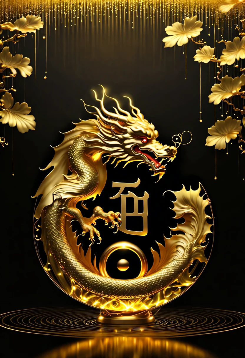 (it'It's raining like crazy,There are lots and lots of golden letters:1.37),Heavy rain pours gold wire,Many vertical transparent English letters &Quote;AI&Quote; width),Golden transparent English letters &Quote;AI&Quote; ,Display English letters vertically &Quote;AI&Quote; ,There is a golden Chinese dragon inside a small circle in the center,Dynamic action style,Background Black