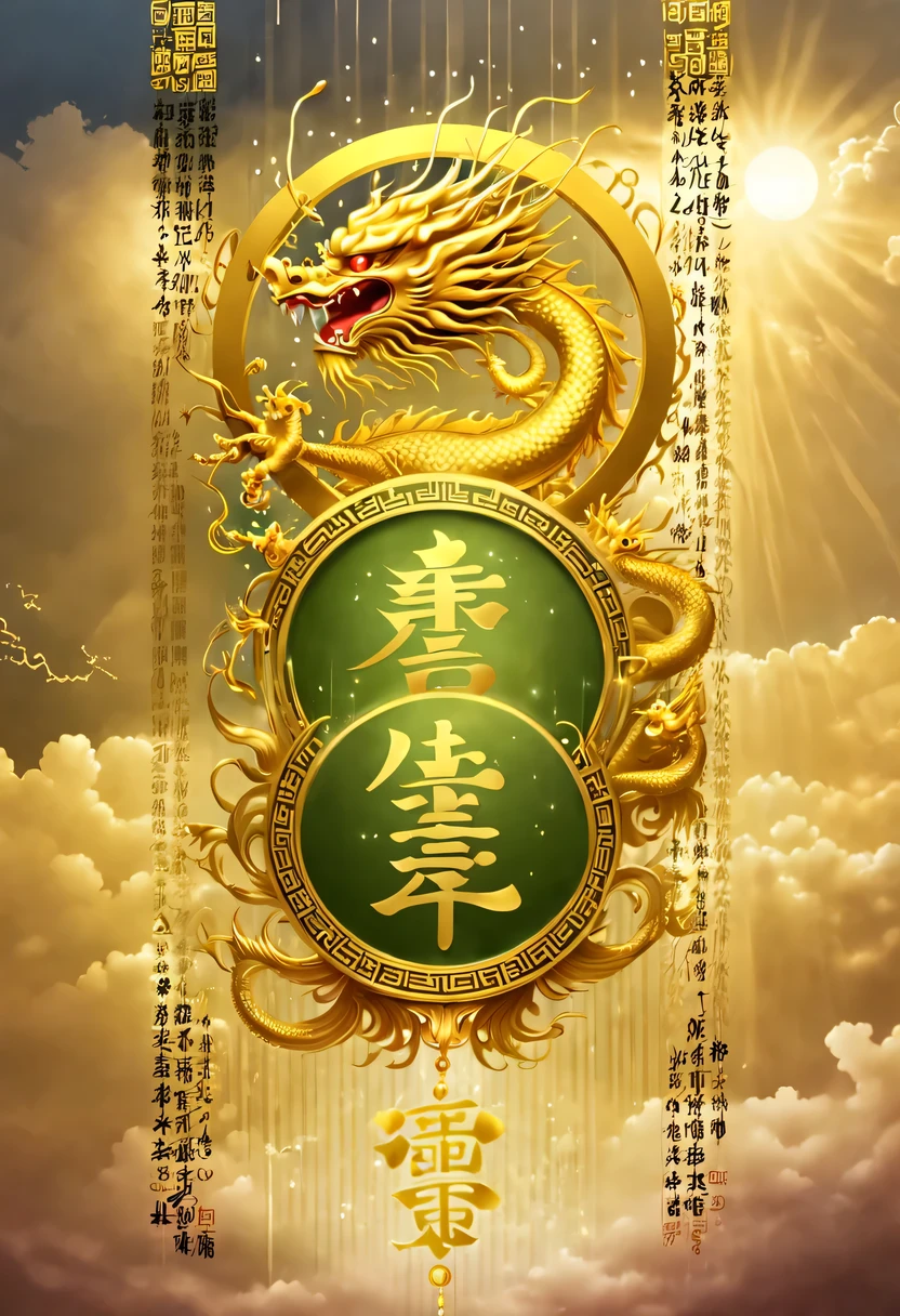（Crazy rAIn in the sky with lots and lots of golden letters：1.37），Many vertical transparent banners with English letters &Quote;AI&Quote;），Golden transparent English letters &Quote;AI&Quote; ，Display English letters vertically &Quote;AI&Quote; ，There is a golden Chinese dragon inside a small circle in the center，Dynamic action style，Burgundian background