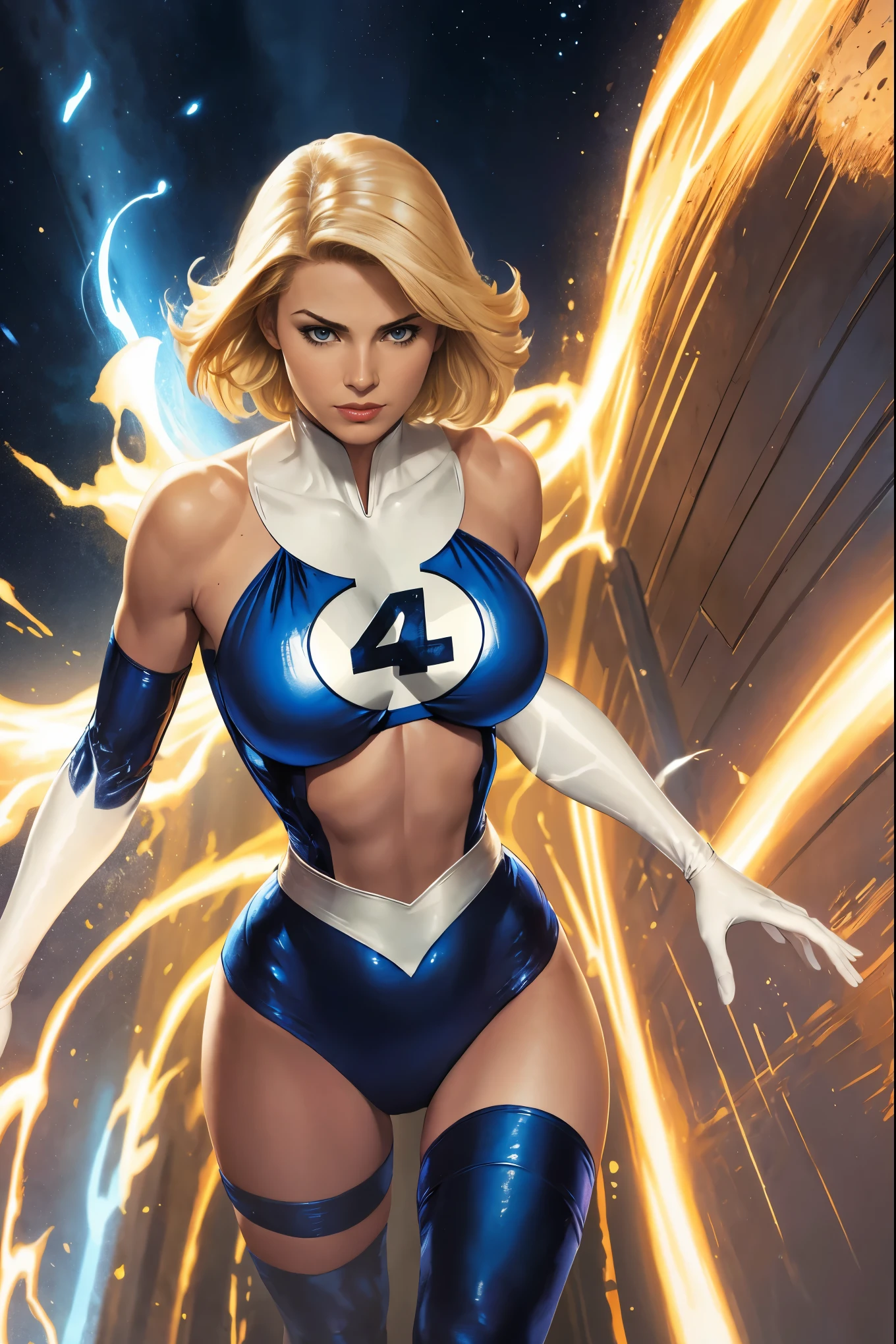 Art image of a Susan Storm from the Fantastic Four, blond hair, sexy, large breasts, by Louis Royo, Boris Vallejo, Frank Frazetta, extreme focus, sharp details, oily skin, sexy, dynamic pose, fantastic four uniform