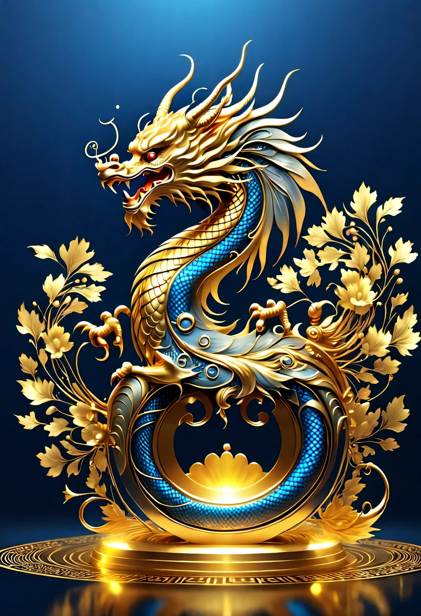 Gorgeous wallpaper design,(it'It's raining like crazy,There are lots and lots of golden letters:1.37),Threaded gold coins pour down like heavy rain,(Many vertical transparent English letters &Quote;AI&Quote; width),Golden transparent English letters &Quote;AI&Quote; ,Display English letters vertically &Quote;AI&Quote; ,There is a golden Chinese dragon curled up in a small circle in the center,Dynamic action style,Background blue technology laser,