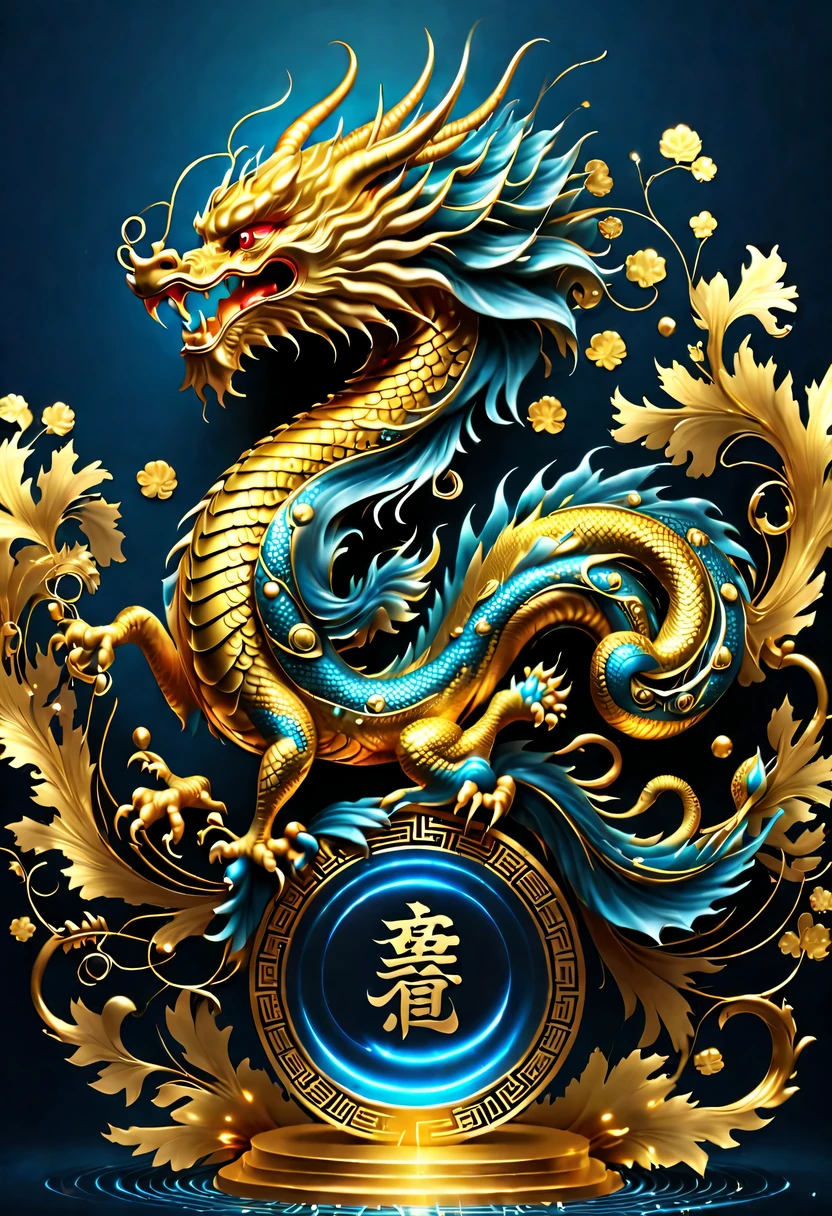 Gorgeous wallpaper design,(it'It's raining like crazy,There are lots and lots of golden letters:1.37),Threaded gold coins pour down like heavy rain,(Many vertical transparent English letters &Quote;AI&Quote; width),Golden transparent English letters &Quote;AI&Quote; ,Display English letters vertically &Quote;AI&Quote; ,There is a golden Chinese dragon curled up in a small circle in the center,Dynamic action style,Background blue technology laser,