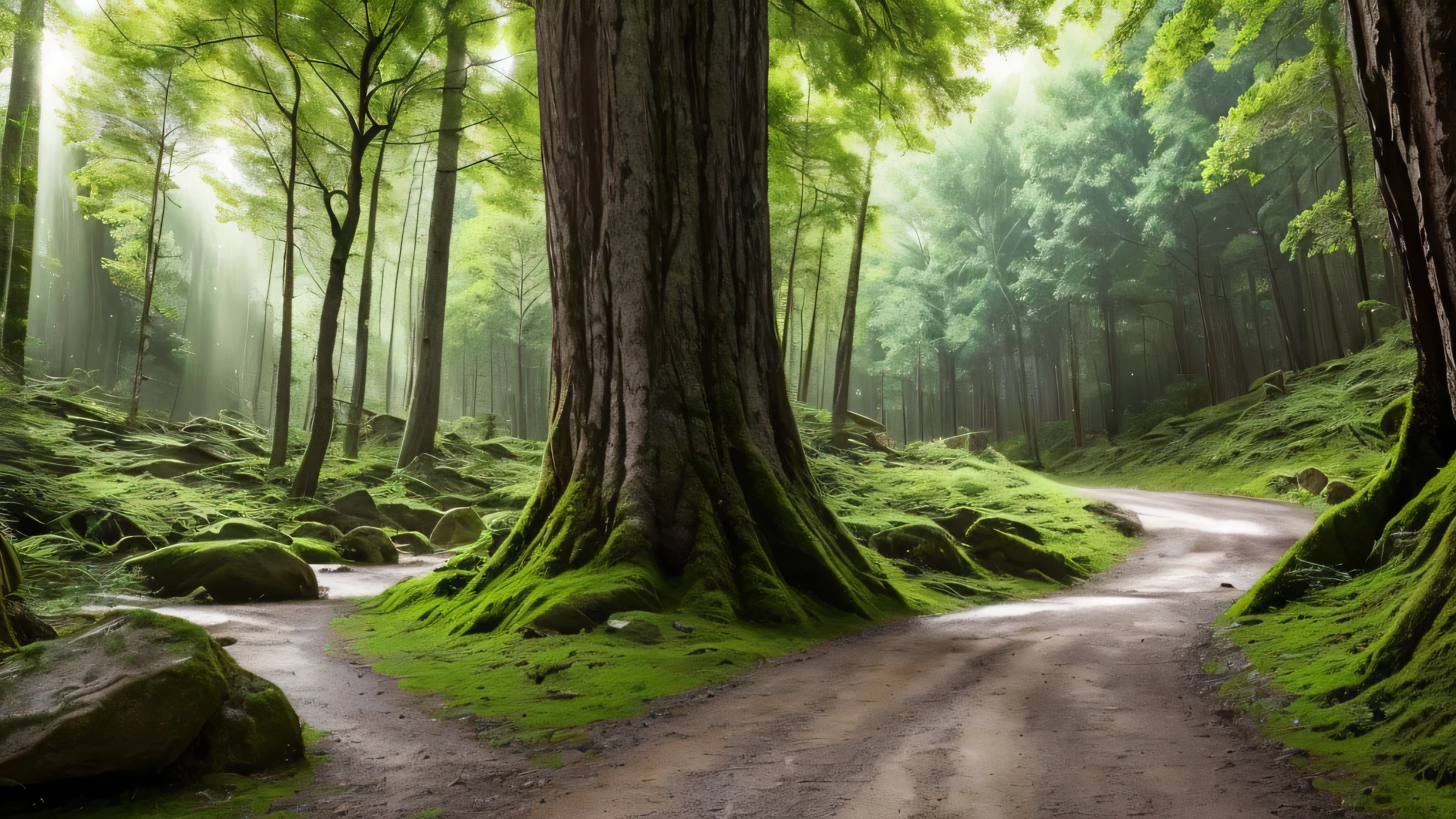 A forest with trees and rocks, a rudimentary road between the trees, sky with dense clouds and bright lightning. Detalhes de luz e sombra nas nuvens, perfect details in the trees, (Super HD resolution, melhor qualidade, 4k, 8k, high resolution, obra de arte: 1.2), (qualidade perfeita), (arte:1.1), ultra-detalhado, (realista , photorealista, photorealista: 1.37), (cores vivas).