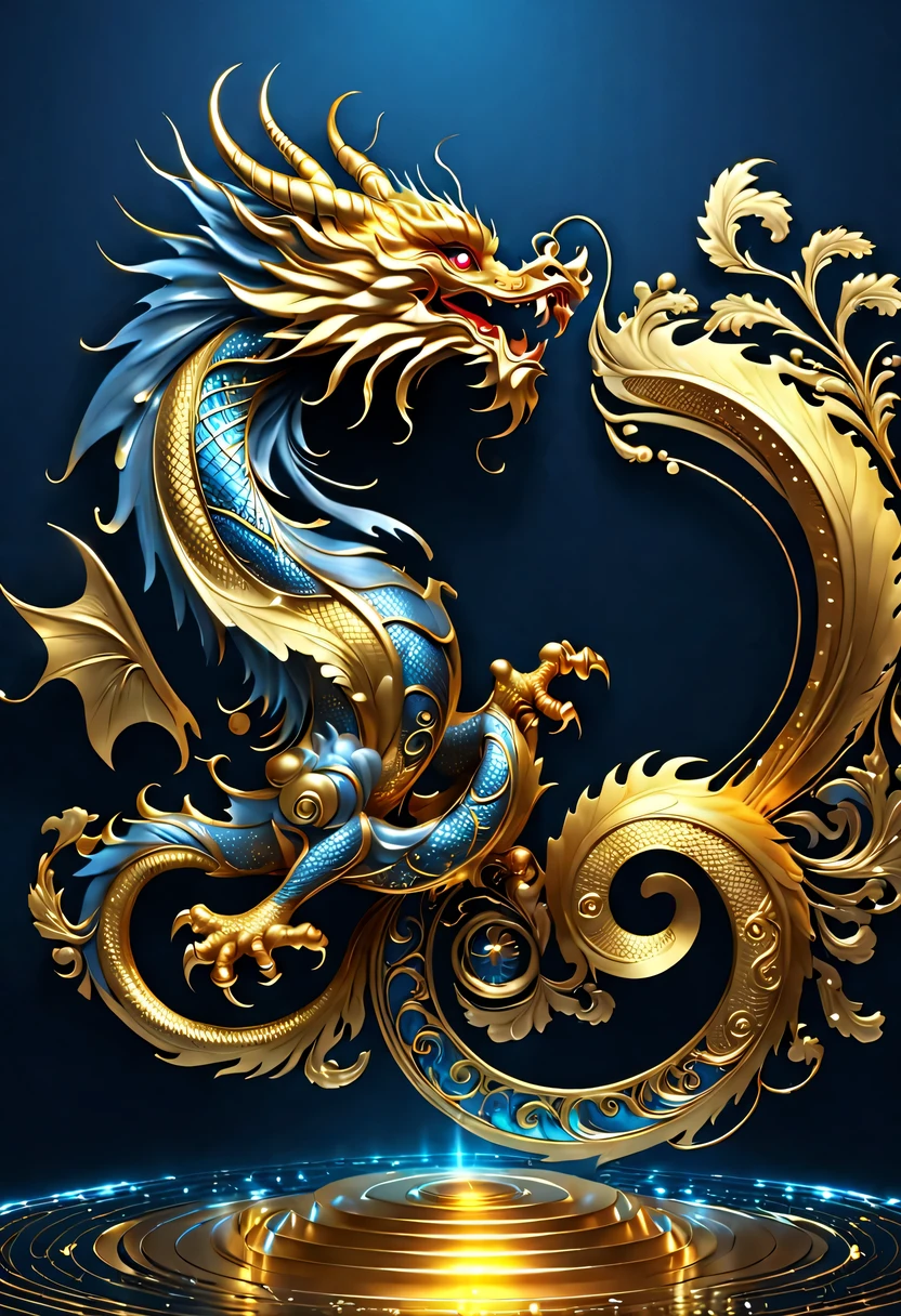 Gorgeous wallpaper design,(it'It's raining like crazy,There are lots and lots of golden letters:1.37),Threaded gold coins pour down like heavy rain,(Many vertical transparent English letters &Quote;AI&Quote; width),Golden transparent English letters &Quote;AI&Quote; ,Display English letters vertically &Quote;AI&Quote; ,There is a golden Chinese dragon curled up in a small circle in the center,Dynamic action style,Background blue technology laser,
