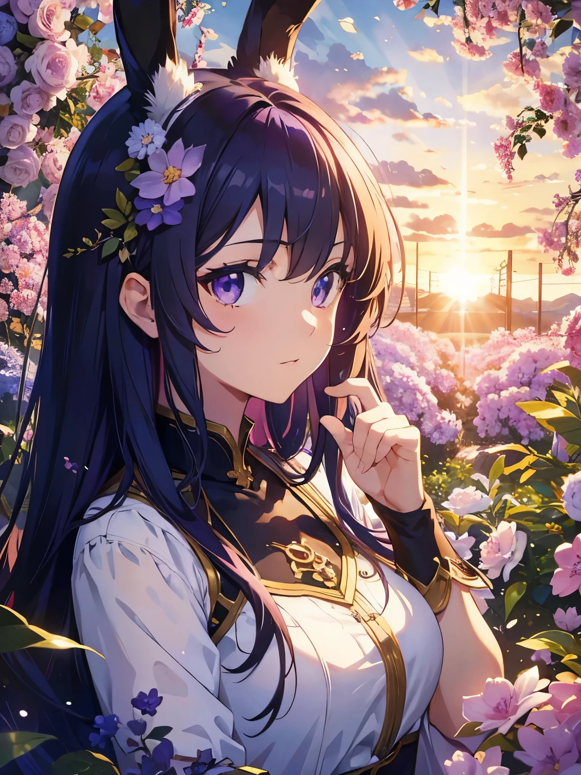 Official Art, Masterpiece European female, purple hair , purple eyes, (masterpiece、top-quality、hight resolution: 1.4),in 8K, Anime Art Nouveau, highly detailed exquisite fanart, anime fantasy illustration, clean detailed anime art, detailed anime art, Sharp Focus, Delicate Beautiful Hair and Eyes and Face, realisitic, ultra-detailliert, flower garden, sunlight, bunny ears,