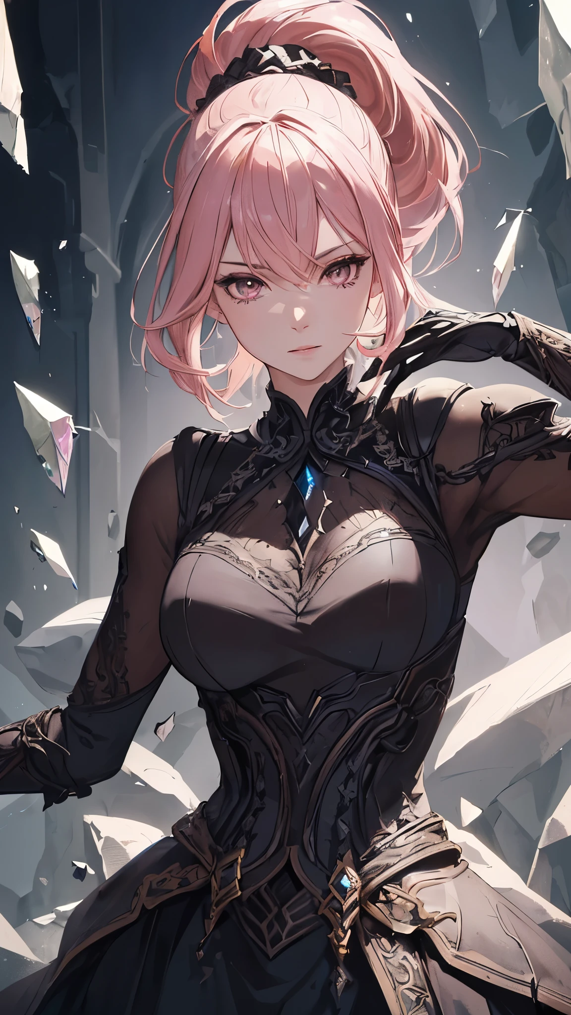 (masterpiece, highest quality, Super detailed, best shadows), (detailed background, dark fantasy), (beautiful detailed face), (beautiful and detailed face), (best lighting, very delicious and beautiful), (movie light)), colorful, Super detailed, dramatic lighting, intricate details, (1 girl, alone, pink hair, sharp face, High single ponytail, Brown eyes, hair between eyes, dynamic angle), The character revolves around Blacklight, pale light particles (Broken glass),