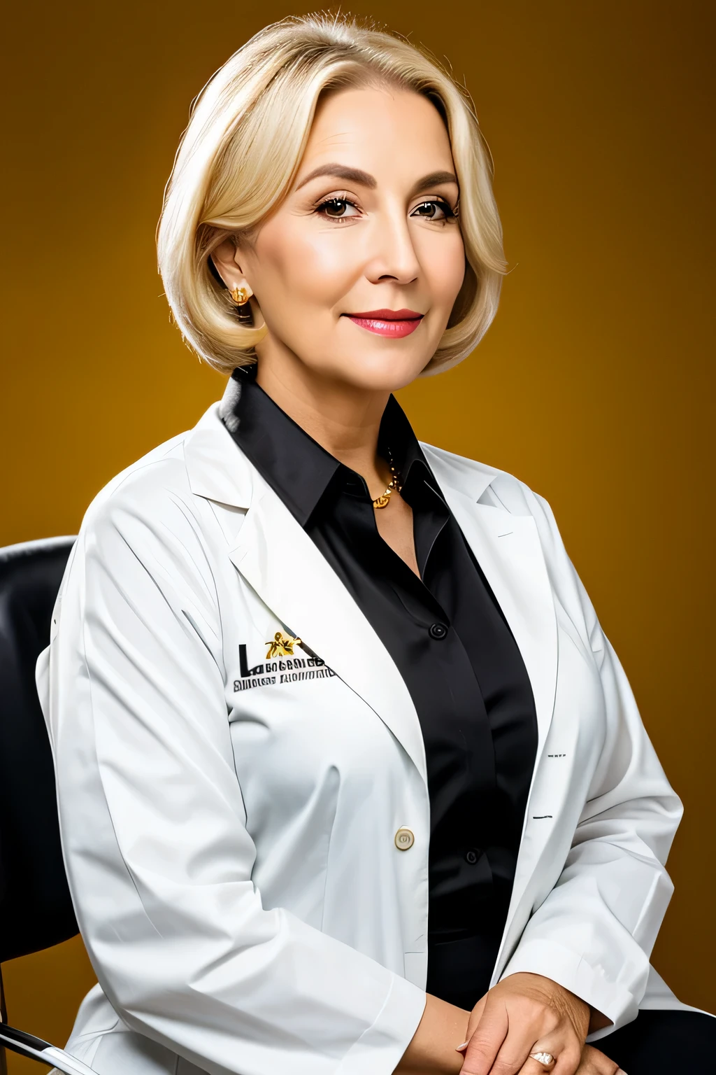 a rich blonde old lady 50 years with a lab coat and a clinic black and gold background, bonita, rosto bonito, aesthetic procedure chair in the background, usando jaleco branco, camisa preta por baixo do jaleco. Realistic, 4k, realistic, natural, profissional, pele detalhada, textura perfeita, fotografia realista,