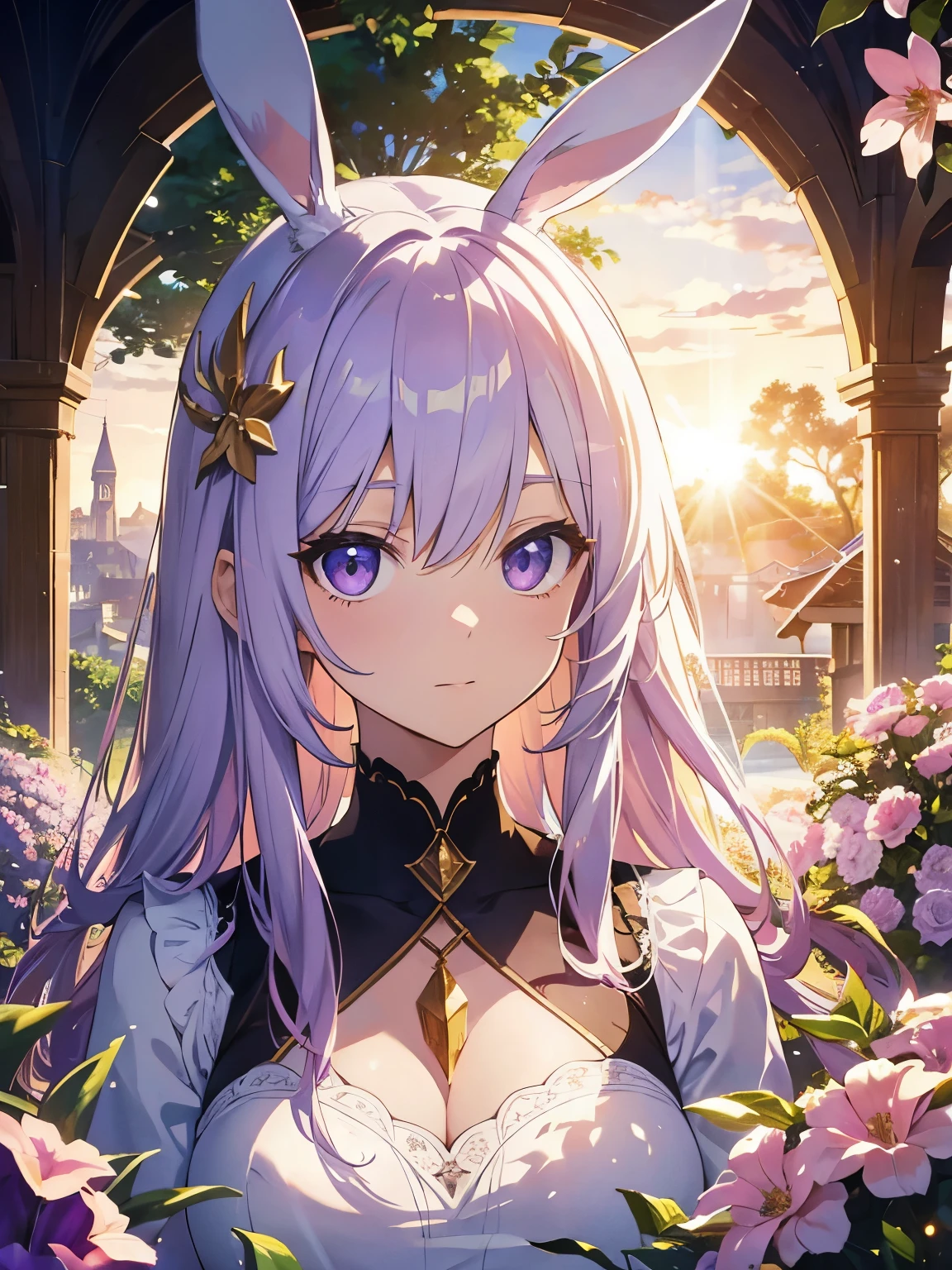 Official Art, Masterpiece European female, light purple hair , purple eyes, (masterpiece、top-quality、hight resolution: 1.4),in 8K, Anime Art Nouveau, highly detailed exquisite fanart, anime fantasy illustration, clean detailed anime art, detailed anime art, Sharp Focus, Delicate Beautiful Hair and Eyes and Face, realisitic, ultra-detailliert, flower garden, sunlight, white bunny ears,