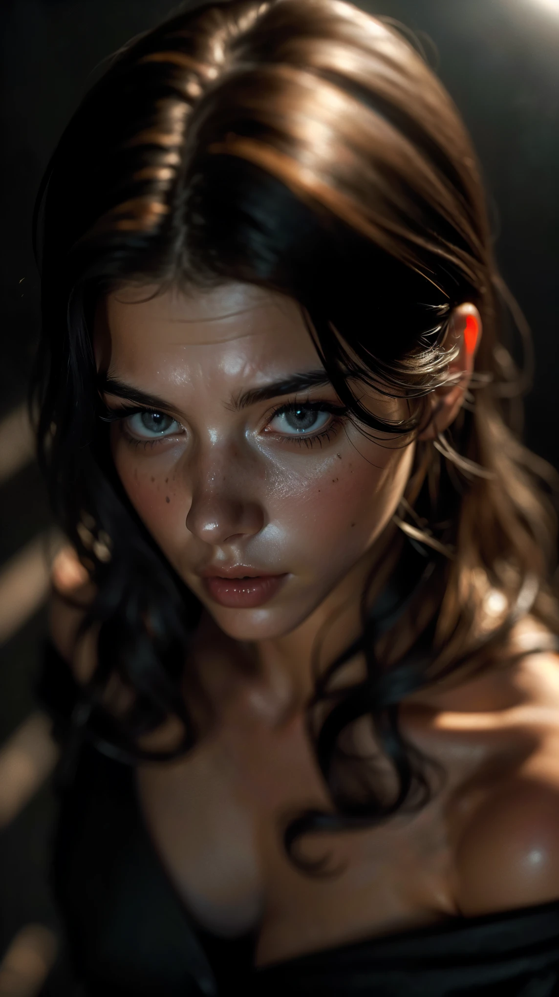 (((ultra realistic))) Photo, masterpiece, top quality, (pale skin), (Ultra detailed face and eyes:1.2), 1 girl, naked, (Eye makeup, mascara), yellow voluminous eyes, (large detailed lips), ((Dark wavy hair)) , ((Stylish hairstyle)) , (Facial hair strands) , (Natural breasts). ((Posing)), photoshoot, studio (Contour lighting), (The play of light and shadows), depth of field, bokeh, (special attention to skin detail: 1.2), Detailed leather texture, skin pores. ((Dark and gloomy atmosphere of the frame. color scheme - black, Gray, ash tones)), ((Film grain, VHS effect)), ((rays)) , ((flare)), ((portrait, close to the camera, view from above)) , ultra detialed,