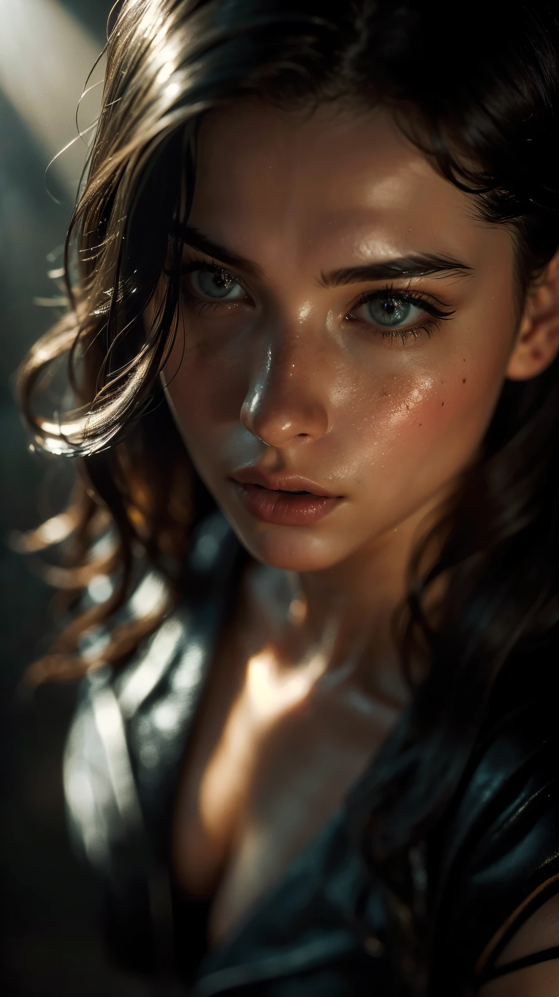 (((ultra realistic))) Photo, masterpiece, top quality, (pale skin), (Ultra detailed face and eyes:1.2),  1 girl, naked, (Eye makeup, mascara), yellow voluminous eyes, (large detailed lips), ((Dark wavy hair)) , ((Stylish hairstyle)) , (Facial hair strands) , (Natural breasts). ((Posing)), photoshoot, studio (Contour lighting), (The play of light and shadows), depth of field, bokeh, (special attention to skin detail: 1.2), Detailed leather texture, skin pores. ((Dark and gloomy atmosphere of the frame. color scheme - black, Gray, ash tones)), ((Film grain, VHS effect)), ((rays)) , ((flare)), ((portrait, close to the camera, view from above)) , ultra detialed, 