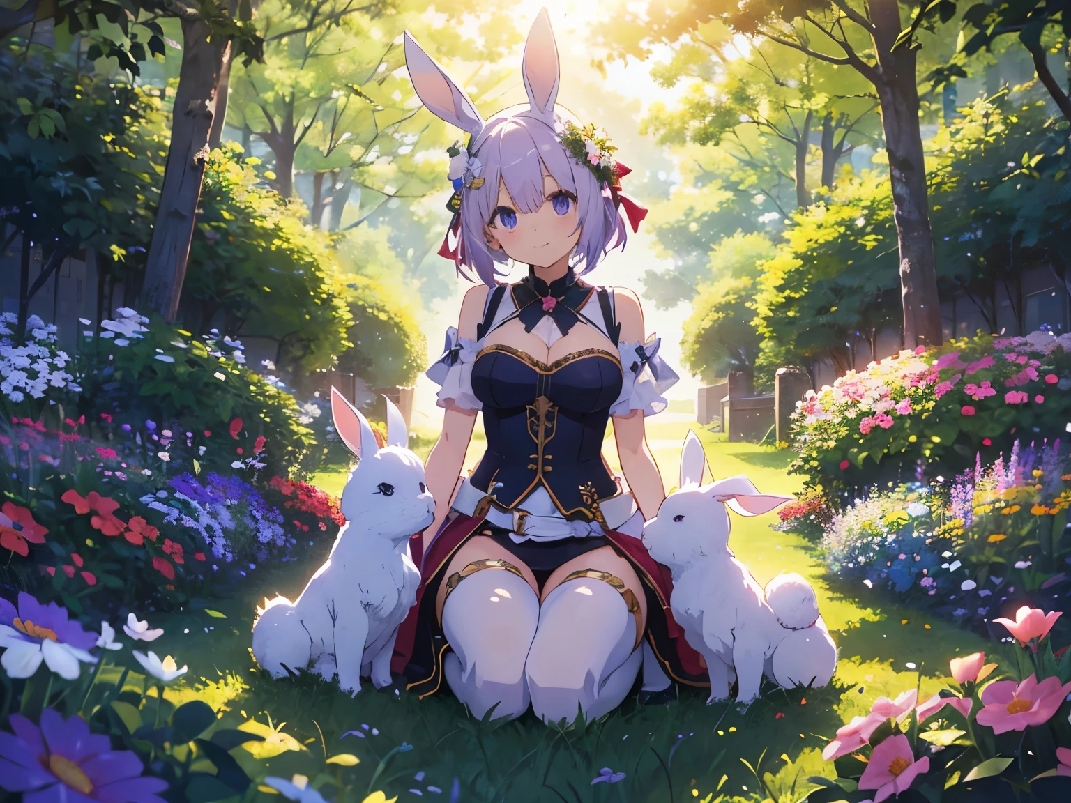 Official Art, Masterpiece European female, light purple hair , purple eyes, smiling, energetic, (masterpiece、top-quality、hight resolution: 1.4),in 8K, Anime Art Nouveau, highly detailed exquisite fanart, anime fantasy illustration, clean detailed anime art, detailed anime art, Sharp Focus, Delicate Beautiful Hair and Eyes and Face, realisitic, ultra-detailliert, flower garden, sunlight, white bunny ears, fullbody