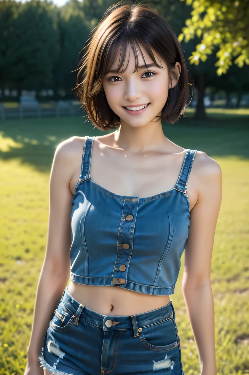 The beauty of 8K raw photos:2.0, short hair,, great face and dark eyes, stare at the camera, upward glance, A big smile, show teeth,（Denim shorts on tank top:1.2), realistic:1.9, very detailed CG 統合 8k 壁紙, very detailed, High resolution RAW color photos, cowboy shot, professional photos, Shot in the park at night, girl sexy portrait