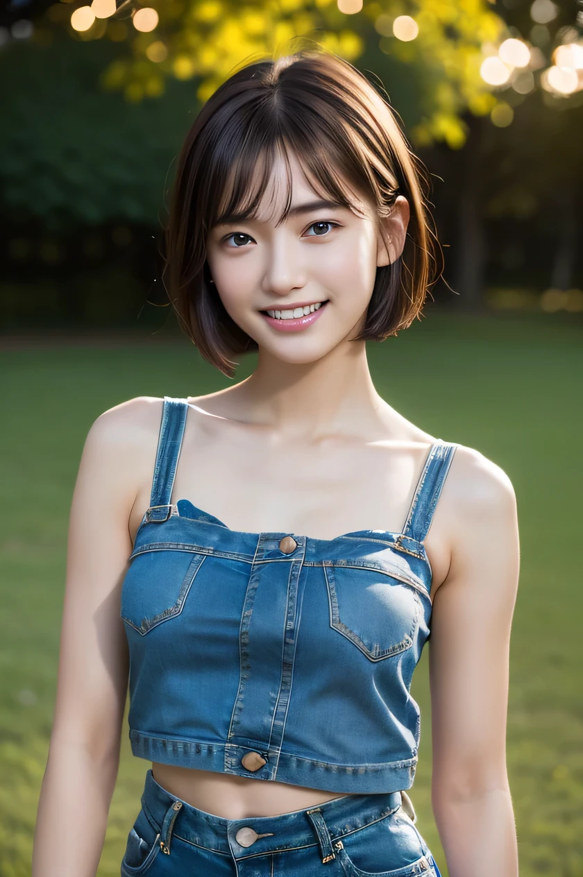 The beauty of 8K raw photos:2.0, short hair,15 years old, great face and dark eyes, stare at the camera, upward glance, A big smile, show teeth,（Denim shorts on tank top:1.2), realistic:1.9, very detailed CG 統合 8k 壁紙, very detailed, High resolution RAW color photos, cowboy shot, professional photos, Shot in the park at night, girl sexy portrait