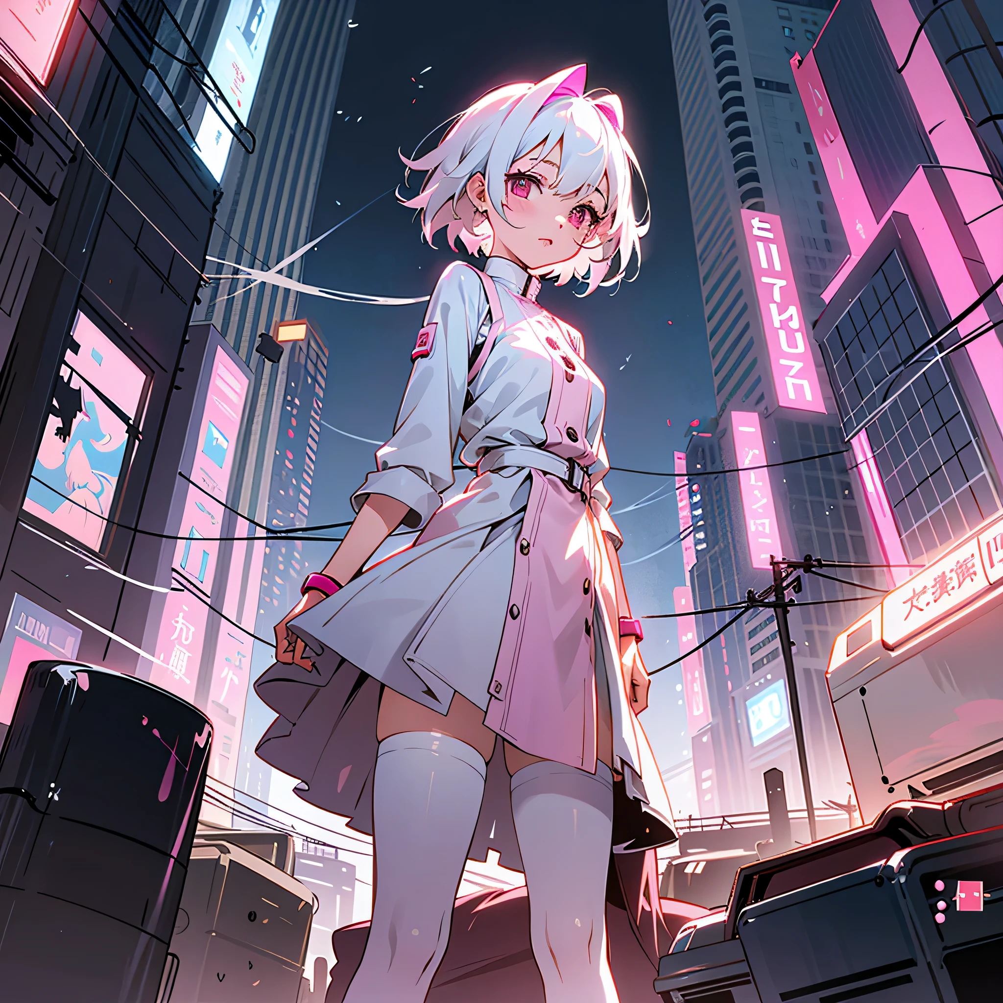 1girl, style:inu totemo, short hair, white hair, pink eyes, white and pastel pink dress, white stockings, ruined apocalyptic modern city, night, looking at viewer, cinematic angle, masterpiece, best quality, detailed background
