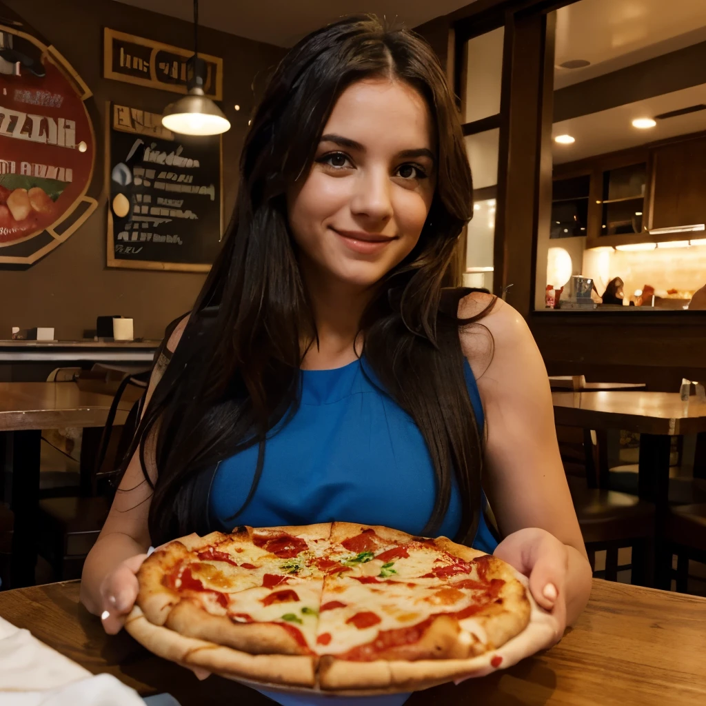 (one girl), Hanna, a 21 year old girl, 1.70 meters tall, weighs 49 kg, has very long and straight dark purple hair, has big green eyes, wears gold earrings and bracelets, always has a smartwatch on the wrist, sitting in a restaurant in front of a plate of pizza, open-mouthed smile, ultra realistic style, (seed 3978045937)