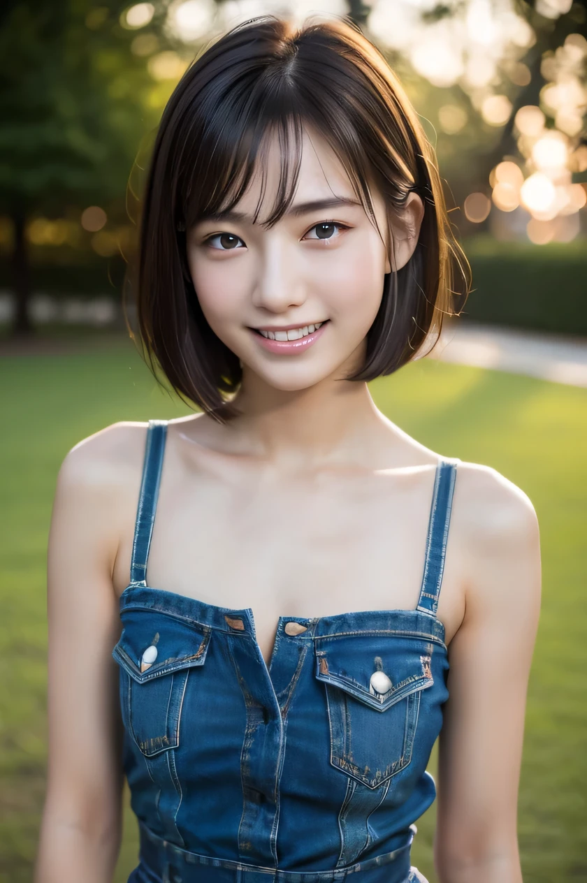 The beauty of 8K raw photos:2.0, short hair,, great face and dark eyes, stare at the camera, upward glance, A big smile, show teeth,(Denim shorts on tank top:1.2), realistic:1.9, very detailed CG 統合 8k 壁紙, very detailed, High resolution RAW color photos, cowboy shot, professional photos, Shot in the park at night, girl sexy portrait