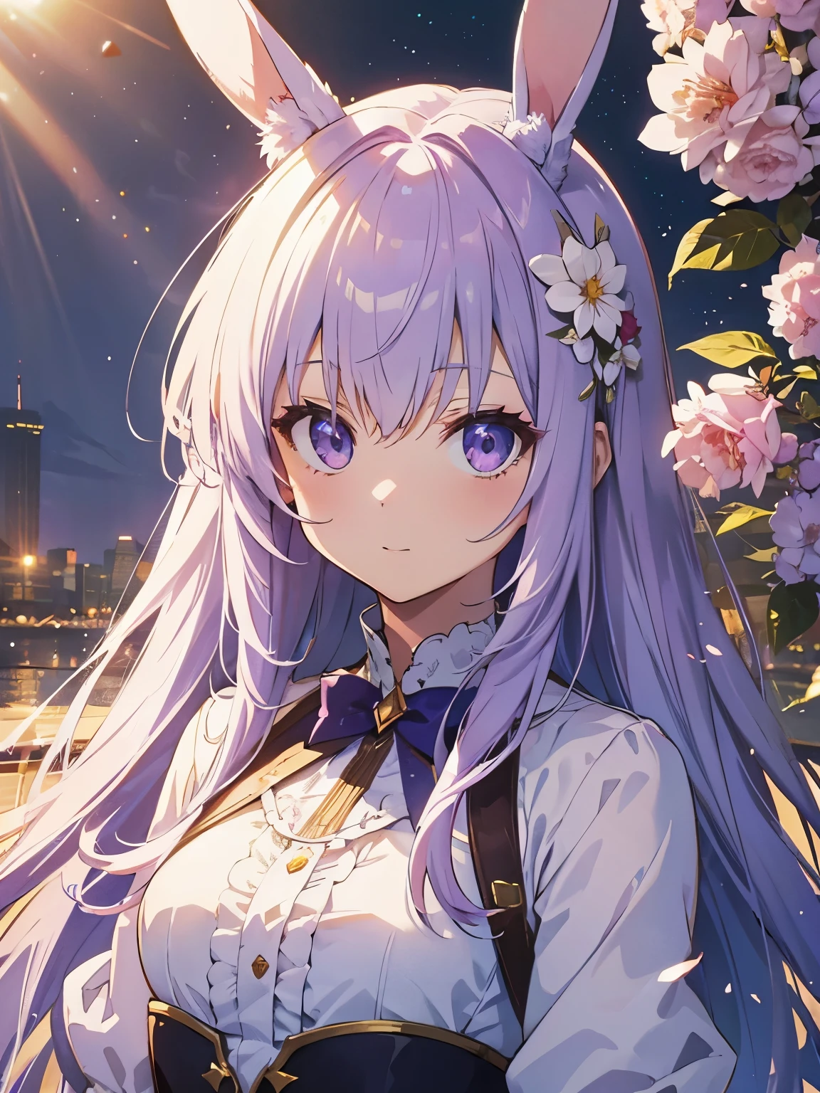 Official Art, Masterpiece European female, light purple hair , purple eyes, (masterpiece、top-quality、hight resolution: 1.4),in 8K, Anime Art Nouveau, highly detailed exquisite fanart, anime fantasy illustration, clean detailed anime art, detailed anime art, Sharp Focus, Delicate Beautiful Hair and Eyes and Face, realisitic, ultra-detailliert, flower garden, sunlight, white bunny ears,