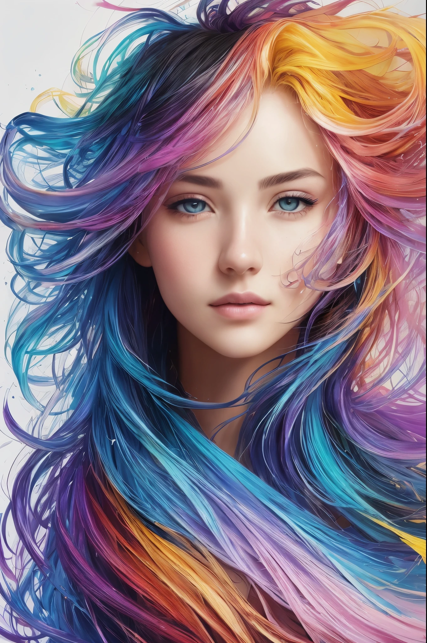 Colorful beautiful girl: a giru 22-years old, messy hair, oil painting, nice perfect face with soft skinice perfect face, blue yellow colors, happy, light purple and violet additions, light red additions, intricate detail, splash screen, 8k resolution, masterpiece, cute face,artstation digital painting smooth veryBlack ink flow: 8k resolution photorealistic masterpiece: intricately detailed fluid gouache painting: by Jean Baptiste Mongue: calligraphy: acrylic: watercolor art, professional photography, natural lighting, volumetric lighting maximalist photoillustration: by marton bobzert:, complex, elegant, expansive, fantastical, wavy hair, vibrant