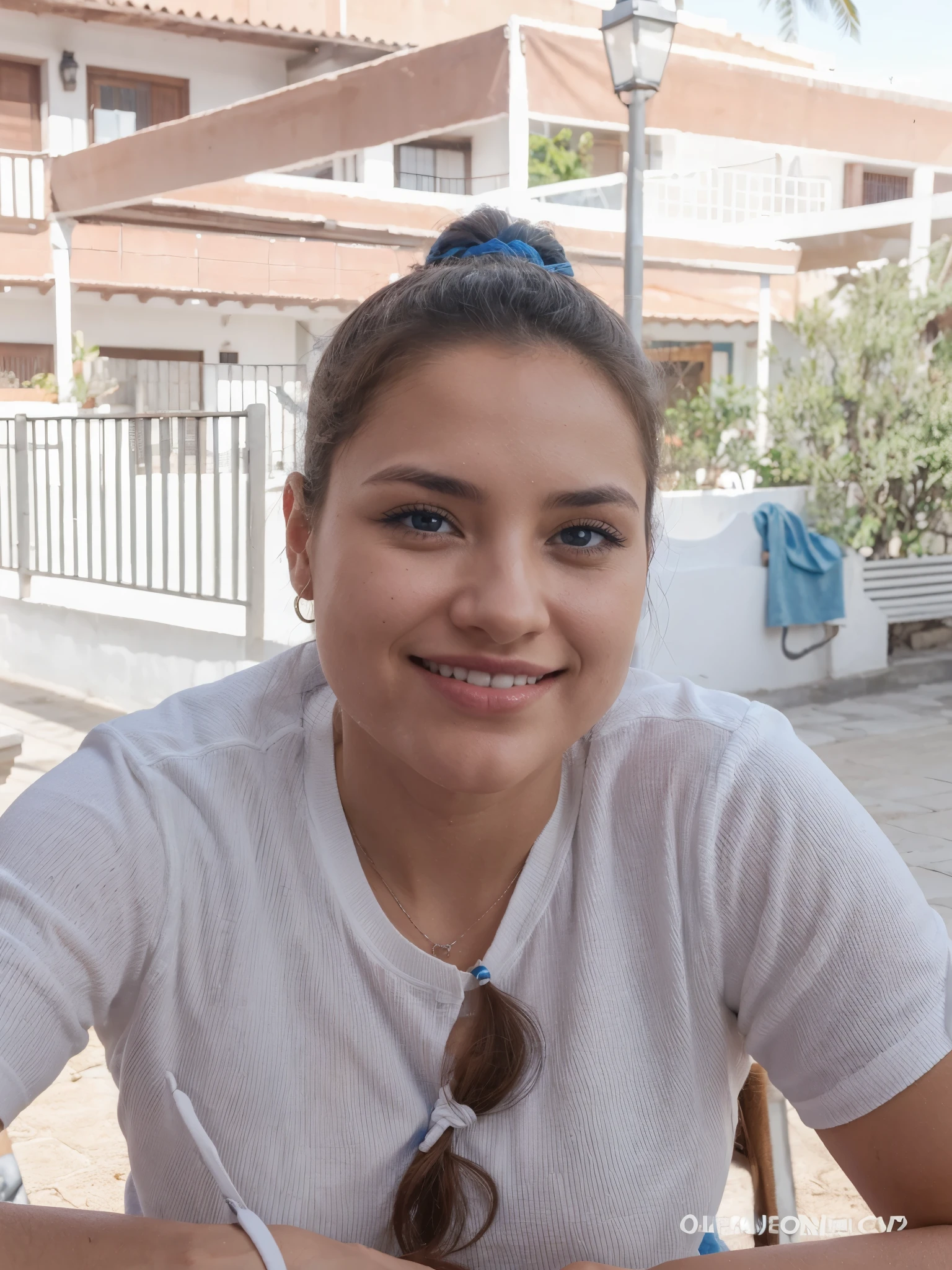Mejor calidad, obra maestra, ojos azules, dientes blancos, mujer atractiva.