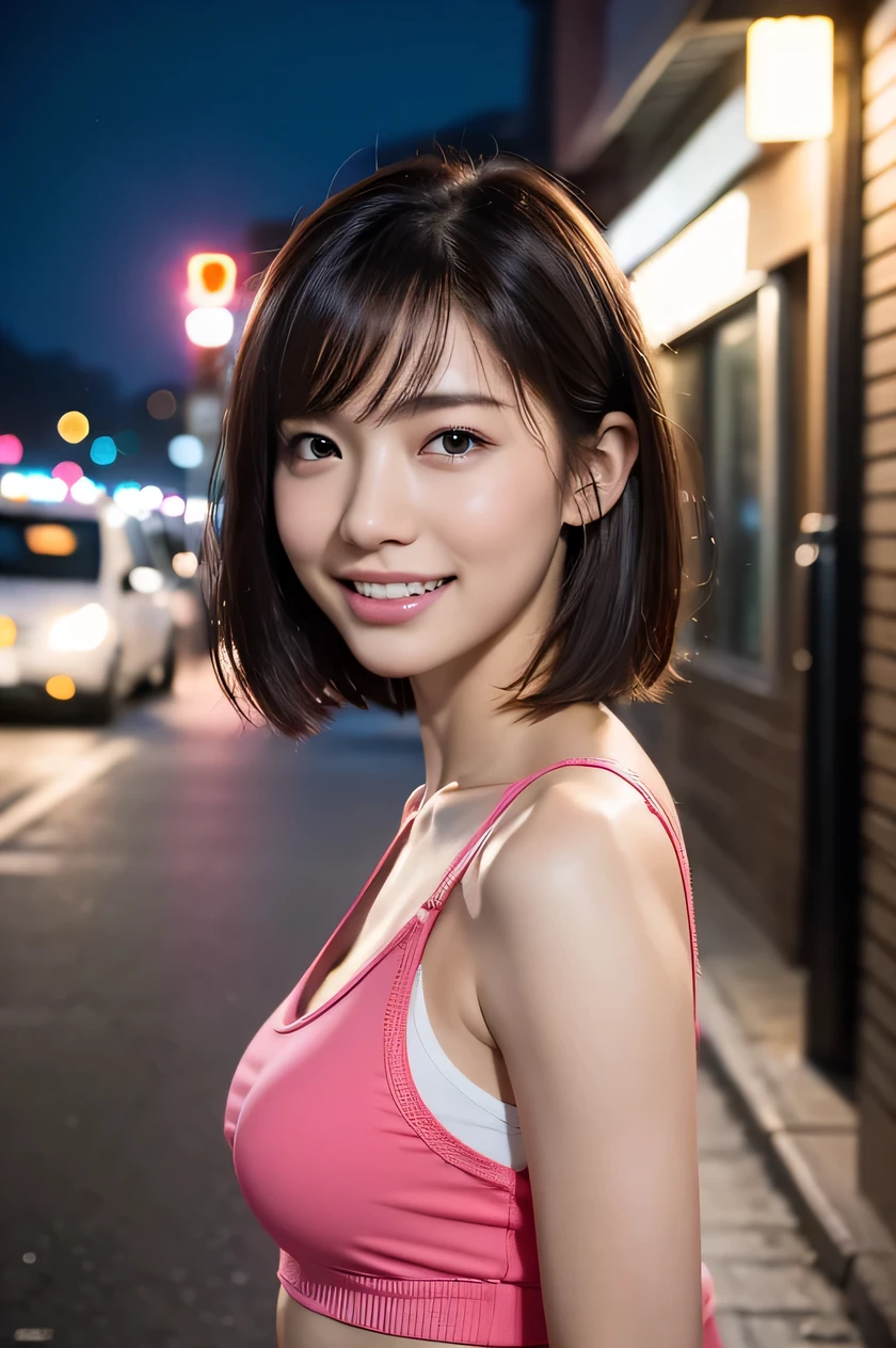 The beauty of 8K raw photos:2.0, short hair,, great face and dark eyes, stare at the camera, upward glance, A big smile, show teeth,(Pink sportswear:1.2), realistic:1.9, very detailed CG 統合 8k 壁紙, very detailed, High resolution RAW color photos, cowboy shot, professional photos, Shot in the city at night, girl sexy portrait