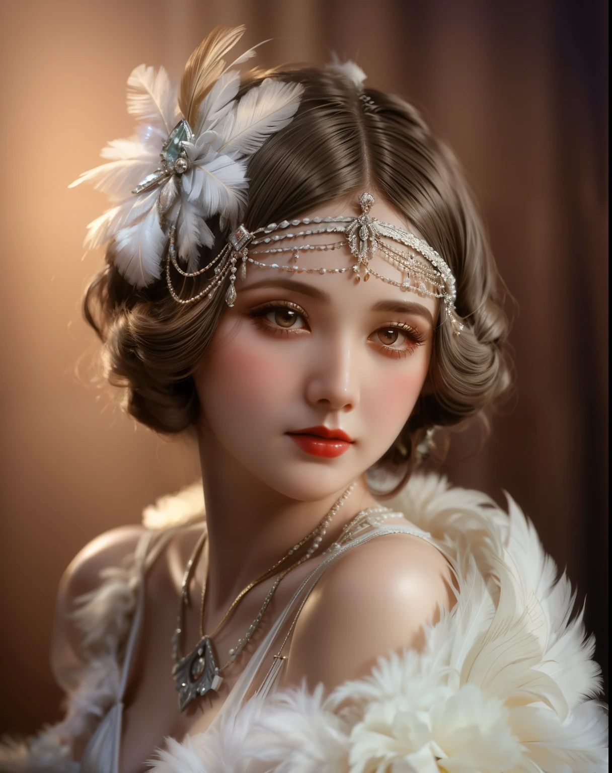 arafed woman in a white dress and feathered headband posing for a picture, 1920s vibes, 1 9 2 0 s hairstyle, wearing 1 9 2 0 s cloth hair, 1 9 2 0 s hair, up face with 1 9 2 0 s hairstyle, 1920s style, 1 9 2 0 s style